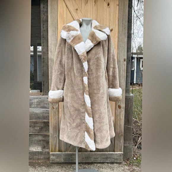Sears Vintage Sears Fashions Brown White Stripe Faux Fur Coat Size L / US 10 / IT 46 - 1 Thumbnail