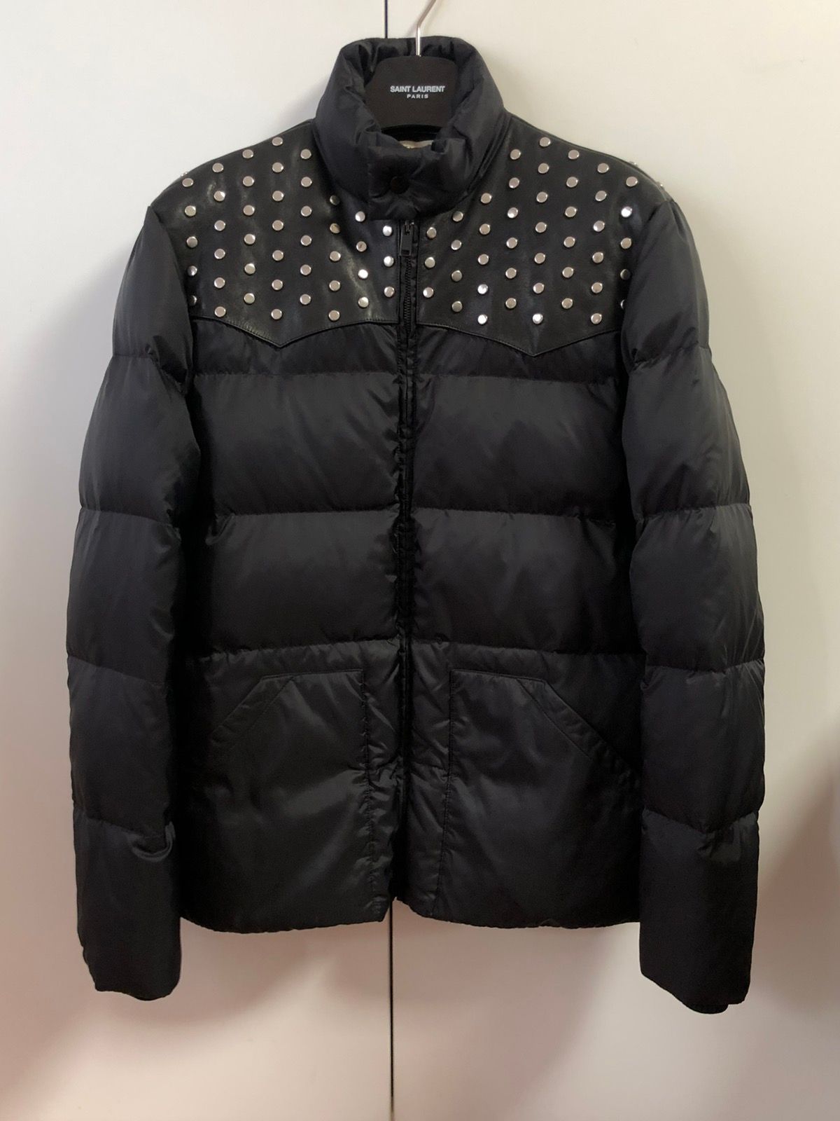 Pre-owned Saint Laurent Fw14 Studded Down Jacket With Leather In Black