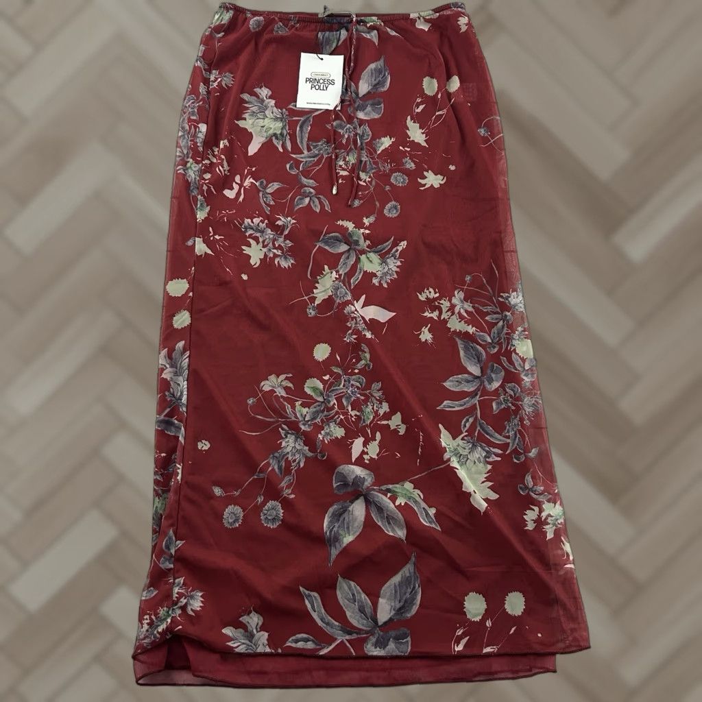 PRINCESS POLLY Princess Polly Skirt Maxi Red Floral Women 6 Low Impact Buchan Long new Size 28" / US 6 / IT 42 - 1 Thumbnail