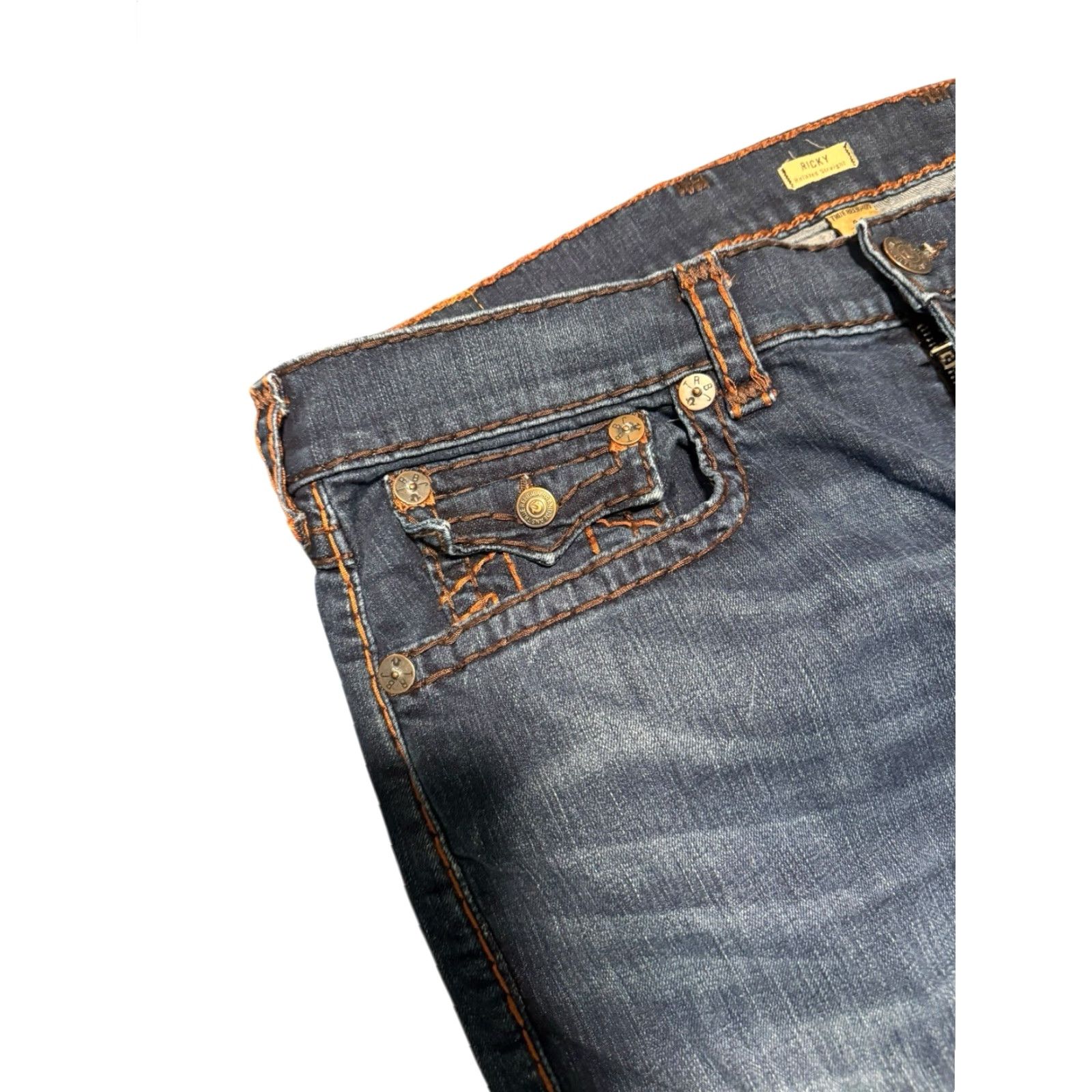 True Religion VINTAGE True Religion Ricky Jeans Mens 44x32 Blue Straight Baggy Thick Stitch Distressed 5-Pocket Zipper Pocket USA Slim? Size US 44 / EU 60 - 4 Thumbnail