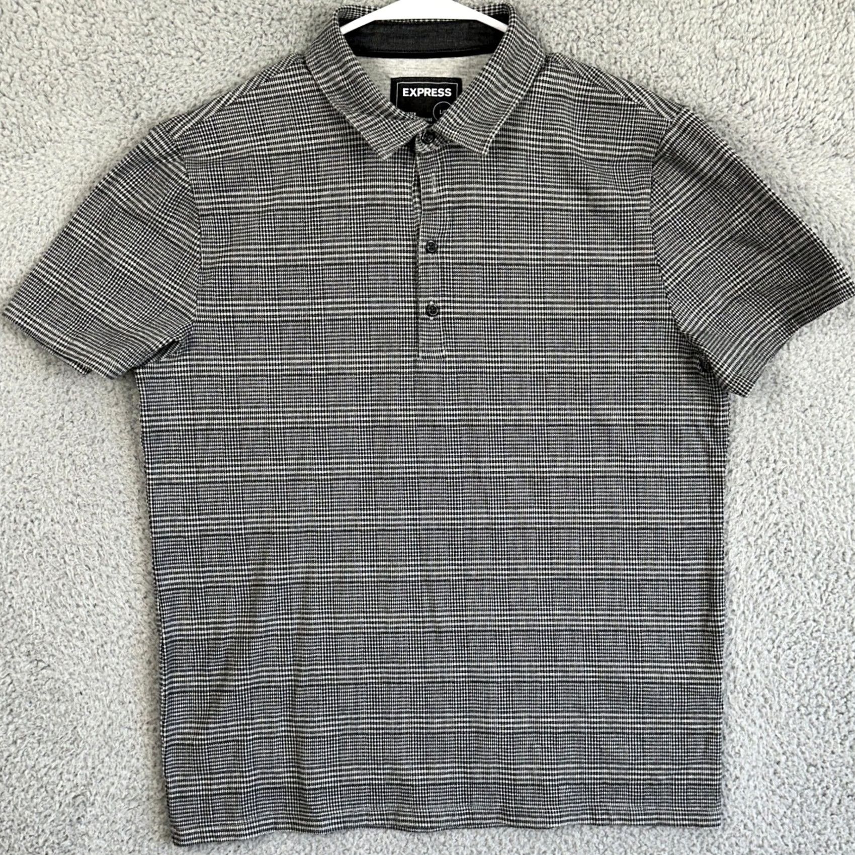 Express VINTAGE Express Polo Shirt Mens Large Gray Black Houndstooth Short Sleeve Stretch Rugby Size US L / EU 52-54 / 3 - 3 Thumbnail