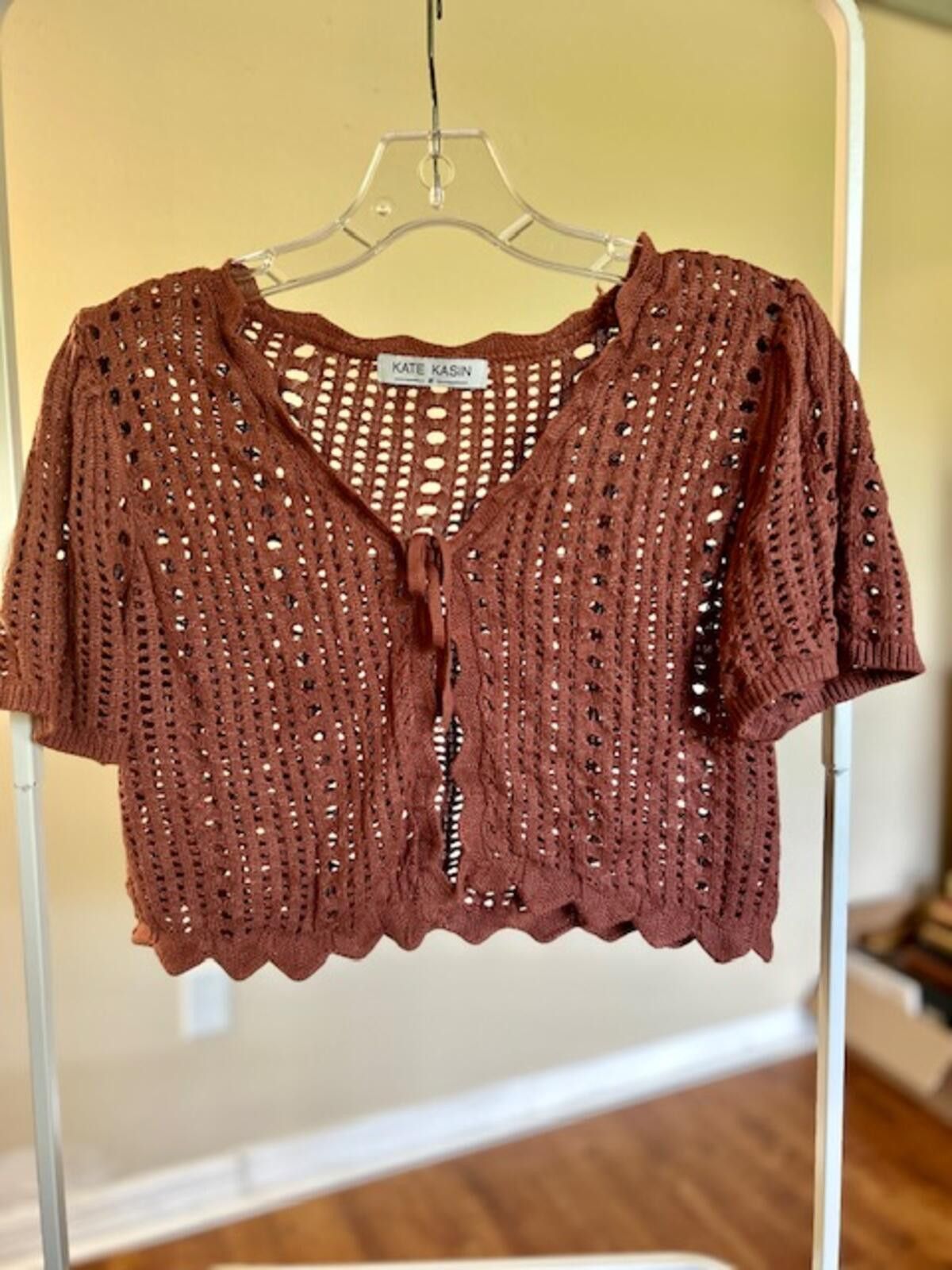 Other Kate Kasin Brown Crochet Knit Tie-Front Cardigan, Size M Size M / US 6-8 / IT 42-44 - 1 Thumbnail