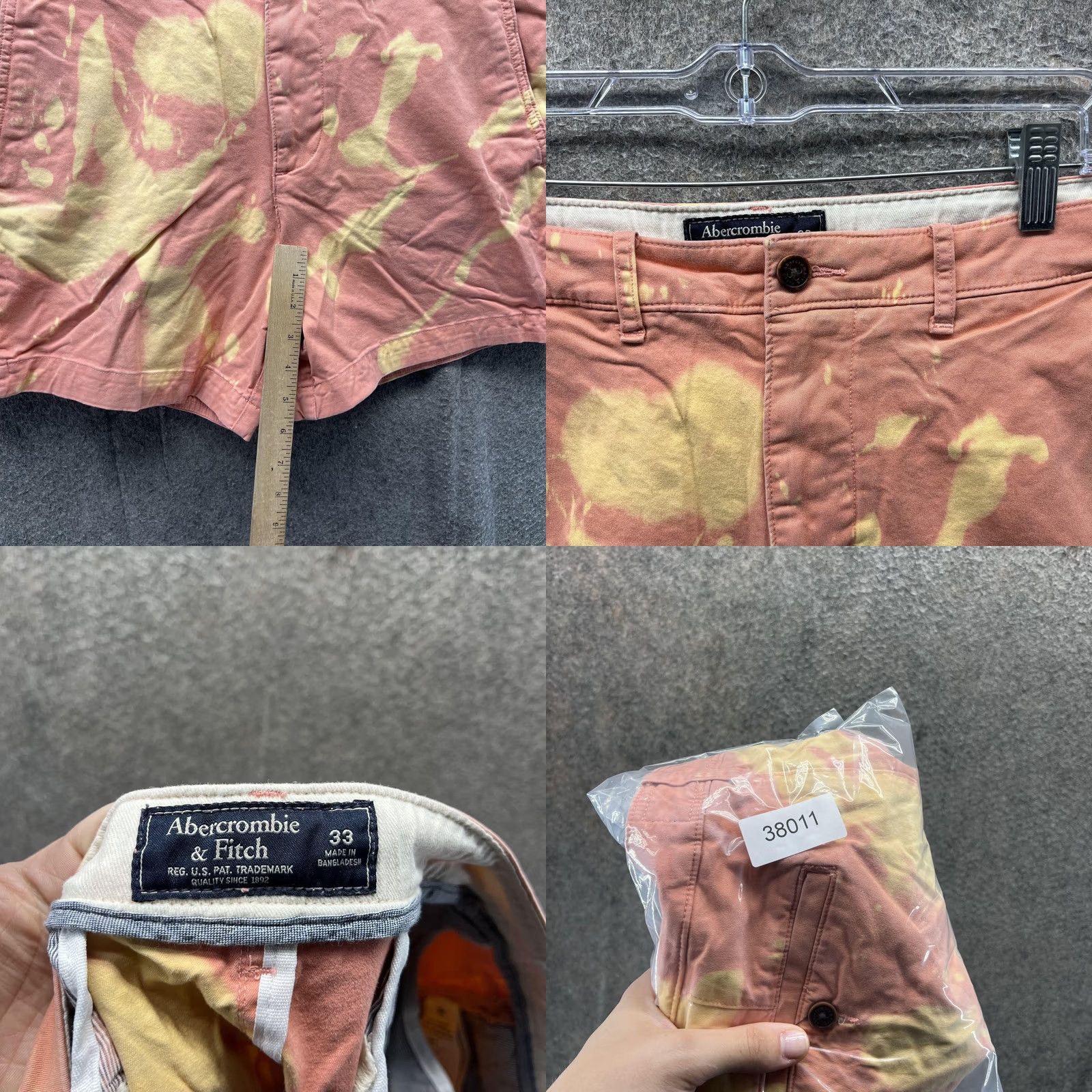Abercrombie & Fitch Abercrombie & Fitch Shorts Mens 33 Pink Yellow Bleach Dye Chino Casual Summer Cotton Spandex Front Zip Fly Belt Loops Pockets Womens? Size US 33 - 8 Thumbnail