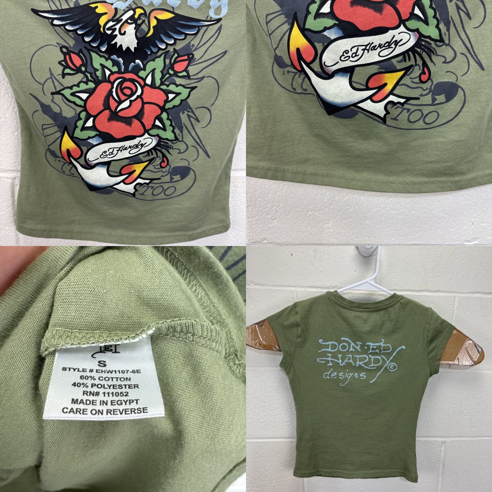 Ed Hardy VINTAGE Ed Hardy Eagle Tattoo Graphic Y2K Army Green Don Ed Hardy Women’s Small T-Shirt Cropped Short Sleeve Slim Fit Crew Neck Size S / US 4 / IT 40 - 8 Thumbnail