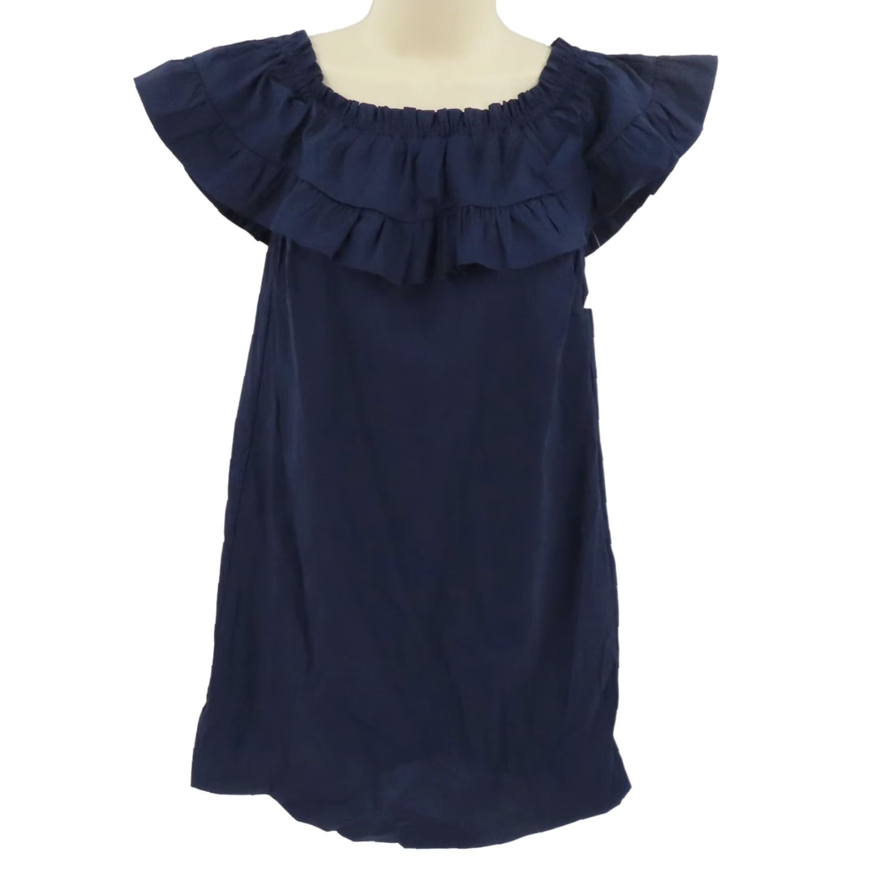 Vintage Women Medium Made in Italy Navy Blue Cotton Blend Ruffle Off Shoulder Dress NEW Size M / US 6-8 / IT 42-44 - 2 Thumbnail