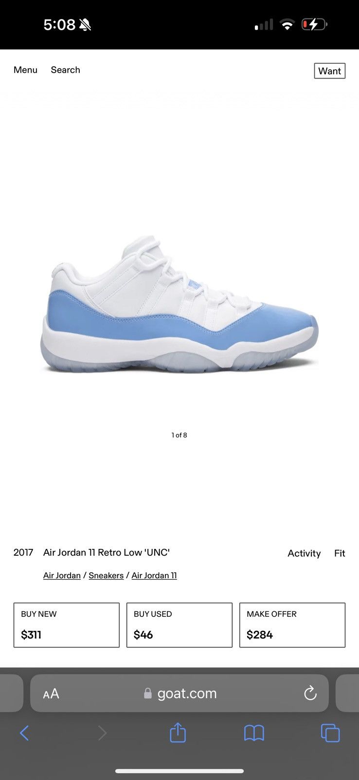 Jordan Brand Air Jordan 11 Retro Low 'UNC' 2017 Size US 11.5 / EU 44-45 - 1 Thumbnail