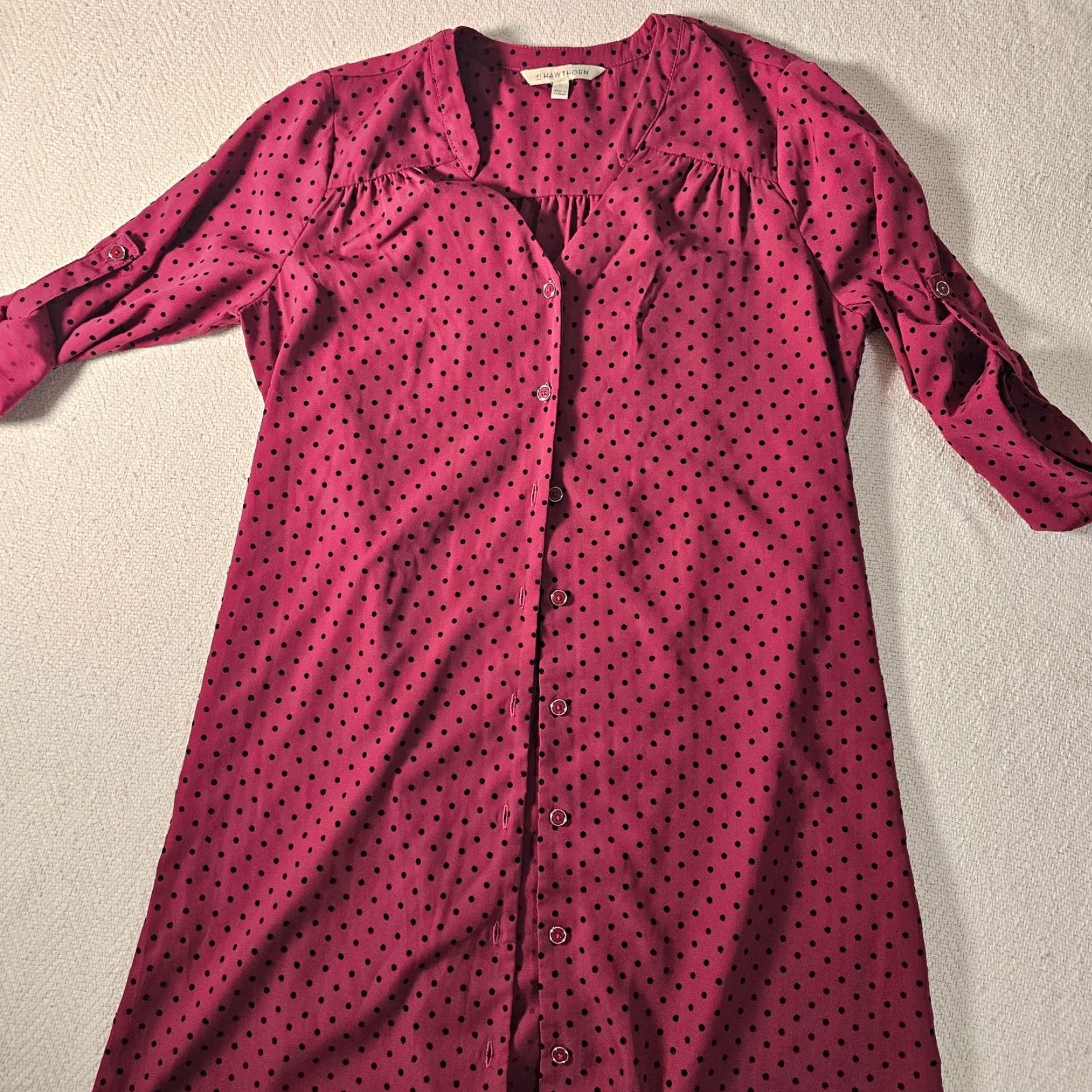 Vintage 41 Hawthorn Women Burgundy Polka Dot Above Knee Button Up Dress XS - 3/4 Sleeve, V-Neck, Belted, Short Dress, Regular, Fall Spring Summer, Women Size XS / US 0-2 / IT 36-38 - 5 Thumbnail