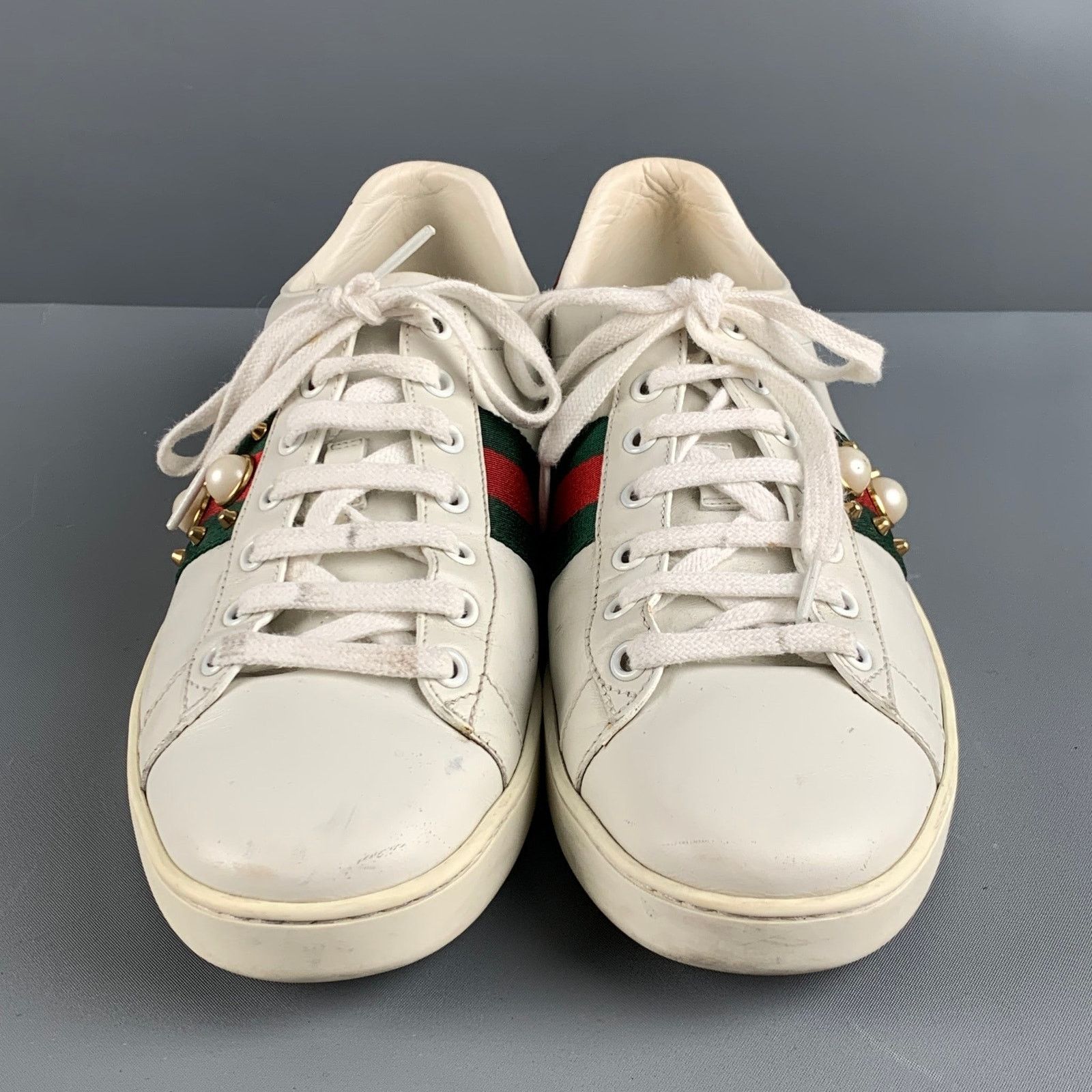 Gucci GUCCI 10 White Green & Red Leather Ribbon Low Top Sneakers Size US 10 / IT 40 - 4 Thumbnail