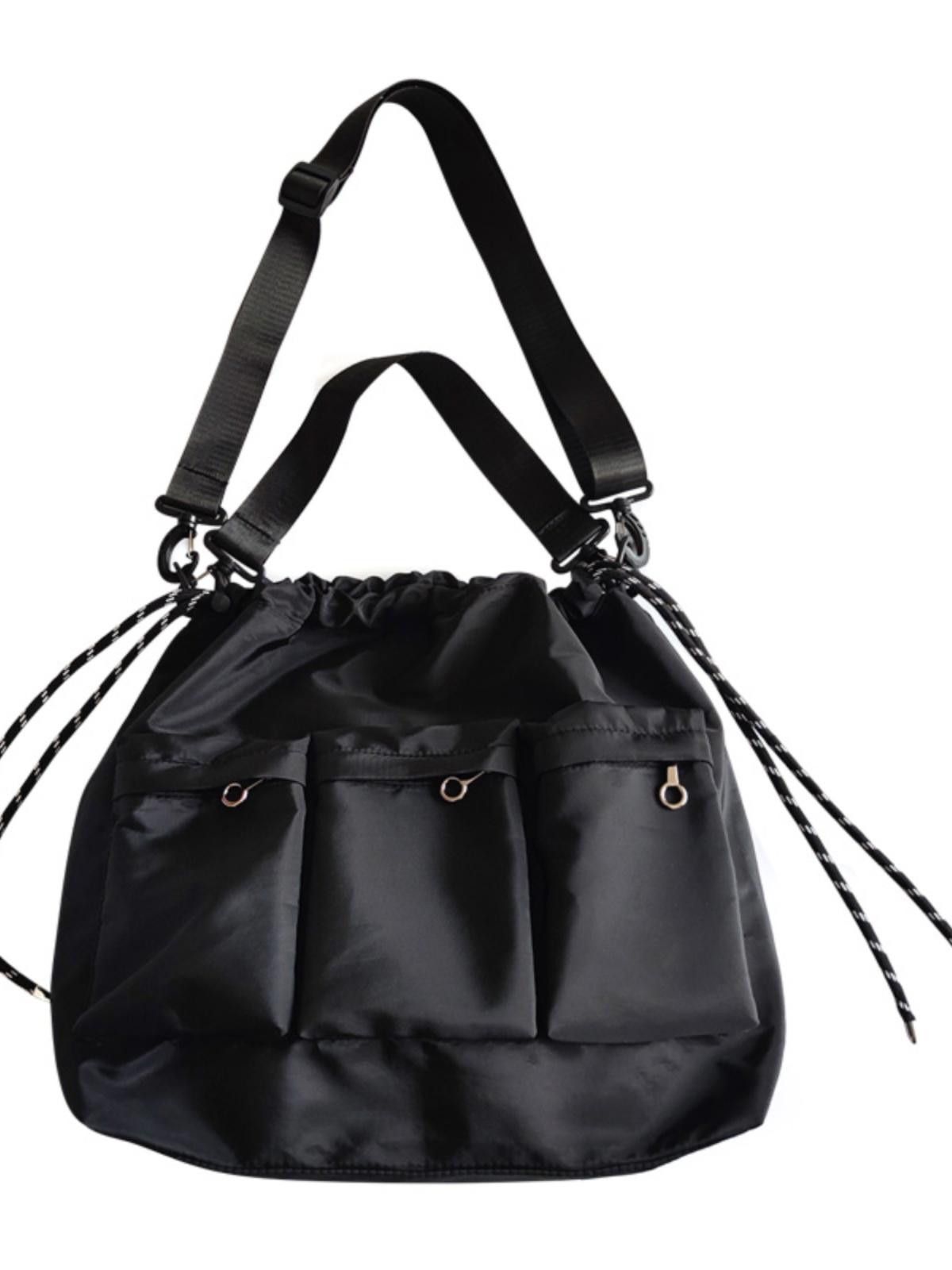 Vintage Trendy Black Drawstring Bag with Pockets Size ONE SIZE - 6 Thumbnail