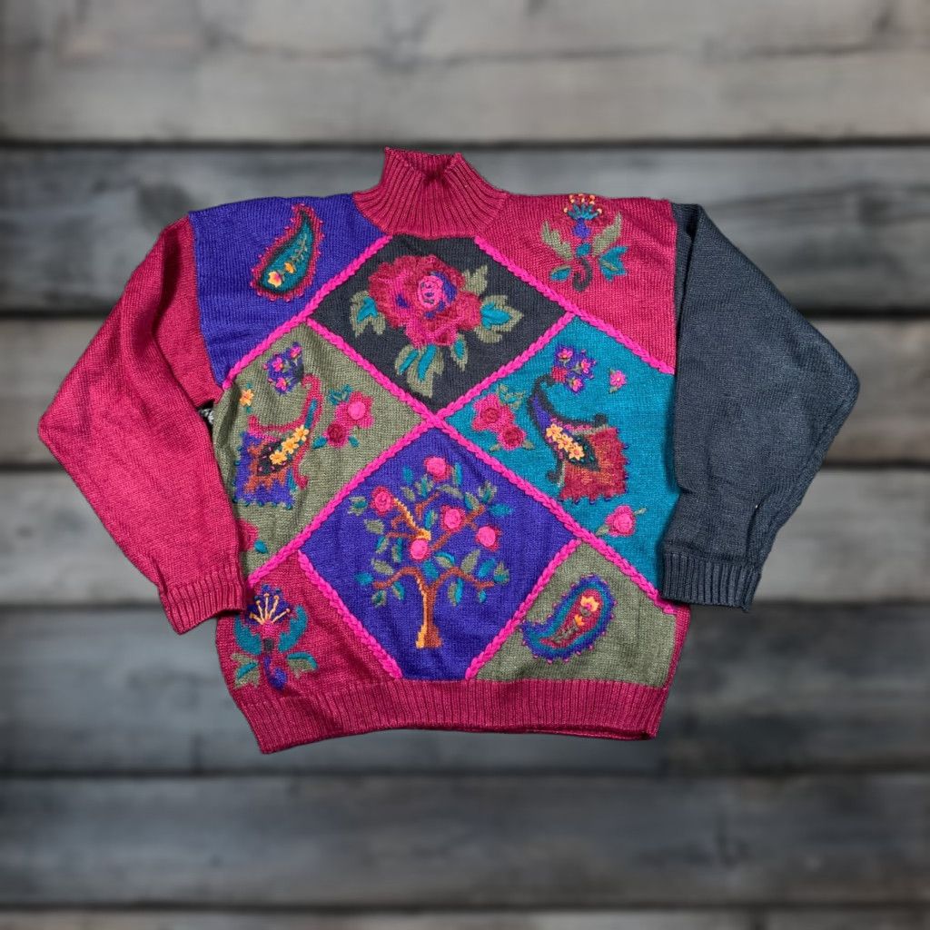 Vintage VINTAGE Floral Paisley Embroidered Chunky-Knit Mock Neck Sweater Women's Large Dark Red Preppy 90s Size L / US 10 / IT 46 - 1 Thumbnail