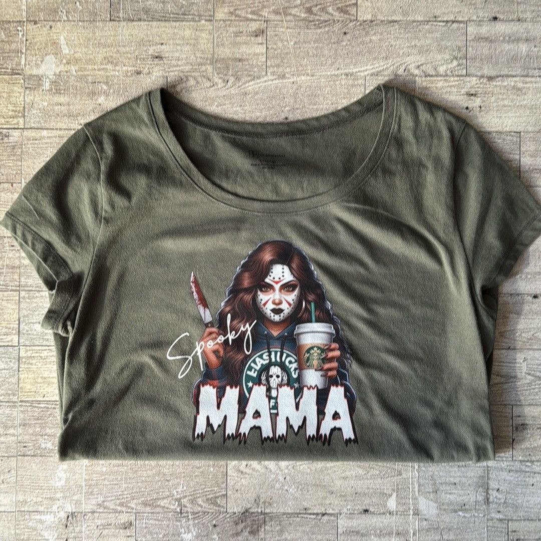 Vintage Spooky Mama, Coffee & Halloween Theme, Retro Fitted Tee Size L / US 10 / IT 46 - 7 Thumbnail