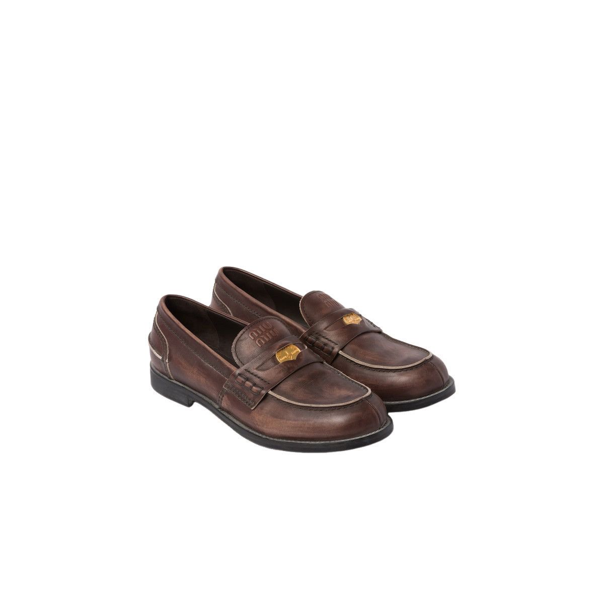 MIU MIU $1200 Ebony Leather Vintage Effect Penny Loafers New