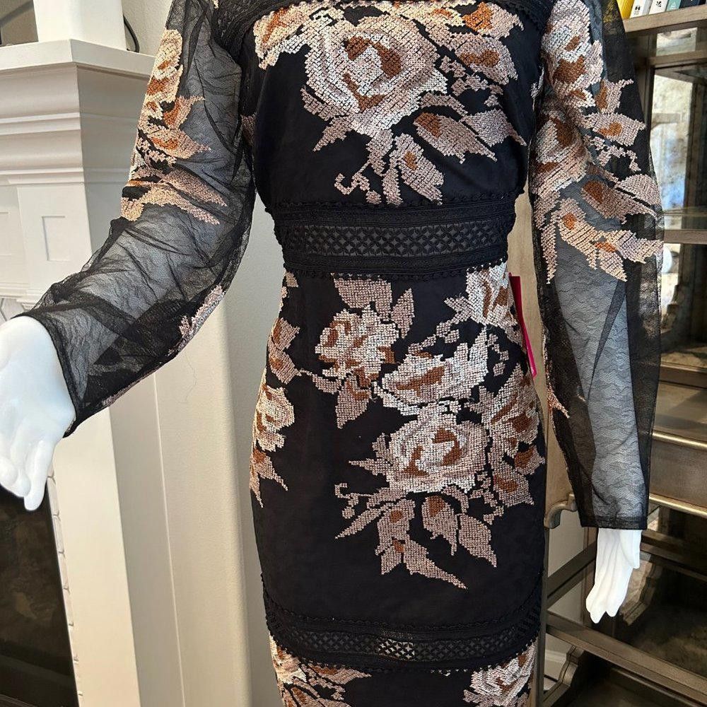 Designer Belle Badley Mischka Floral Sheer Sleeves Dress Size L / US 10 / IT 46 - 3 Thumbnail