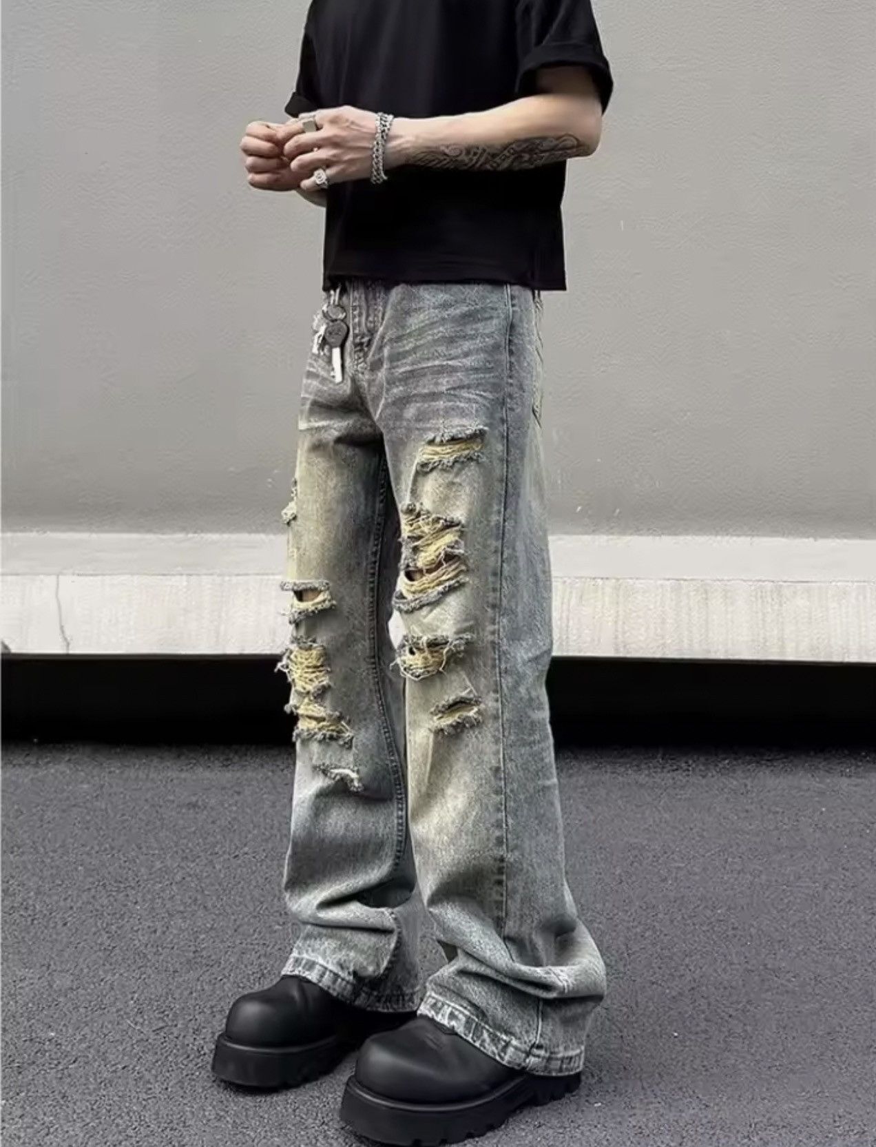Jean Trashy Y2K 2000S Streetwear Washed Blue Stacked Ripped Jeans Size US 31 - 8 Thumbnail
