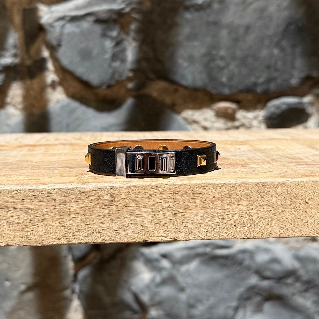 Hermes Hermès Black Leather Mini Dog Clous Carrés Studded Bracelet Size ONE SIZE - 1 Thumbnail