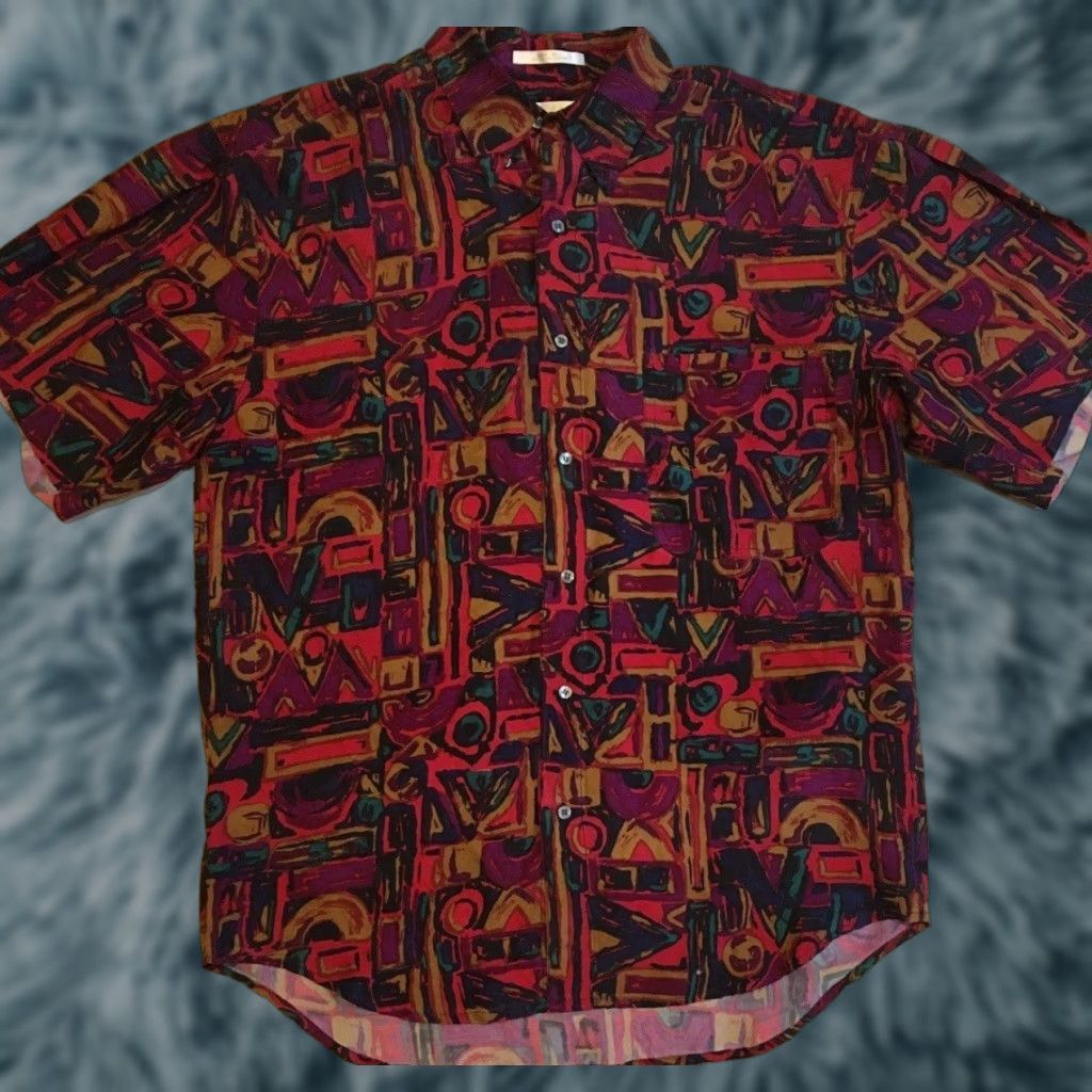 Vintage Vtg 90s Abstract Art AOP Button Up Shirt M Grunge Vaporwave Surf Skate Aztec OP Shirt Mens Red Silk Short Sleeve Size US M / EU 48-50 / 2 - 1 Thumbnail