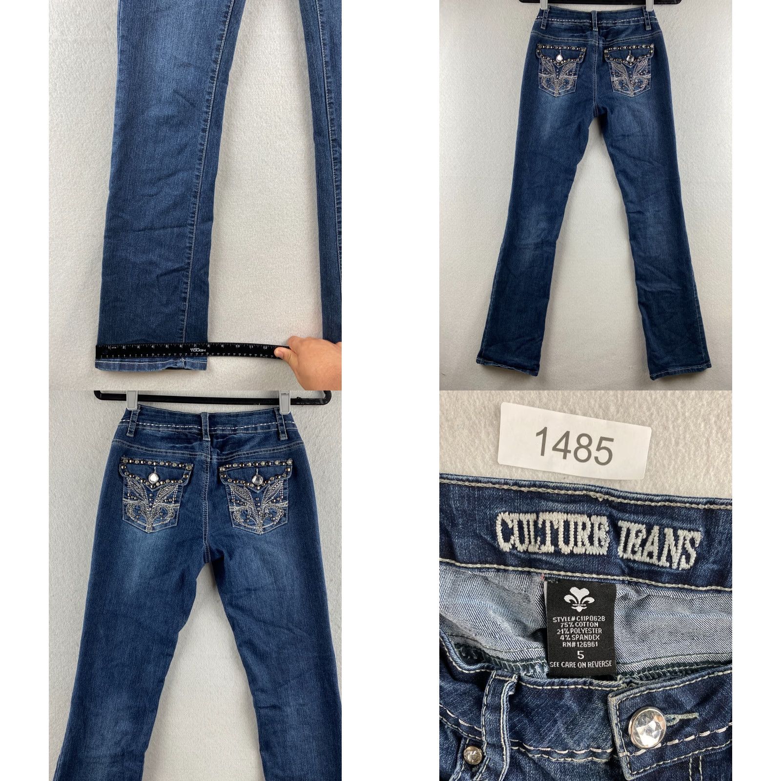 Denime Culture Jeans Womens Jeans Bootcut 5 Blue Dark Wash 33in 27in Stretch Embroidered Rhinestone Studded Denim Embroidered Logo 5-Pocket Size 27" / US 4 / IT 40 - 8 Thumbnail