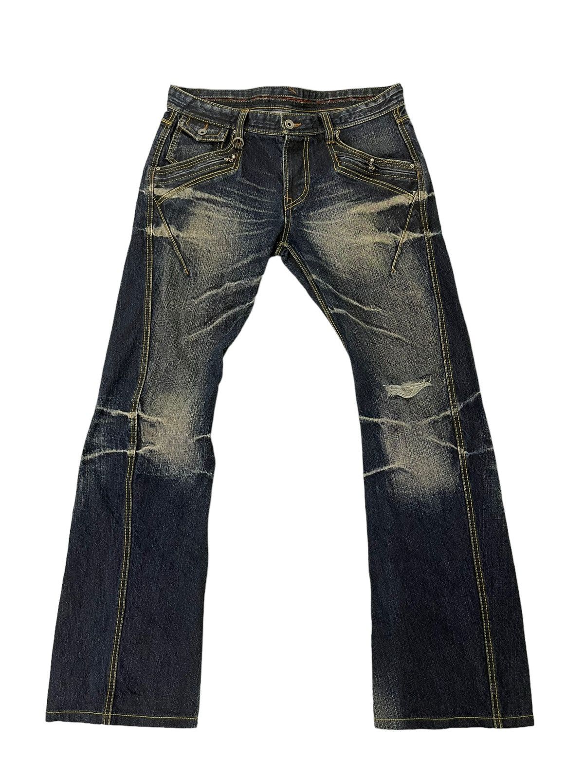 Japanese Brand Flare Jeans Nicole Club Distress Faded Boot Cut 7🟦3 Size US 34 / EU 50 - 2 Thumbnail