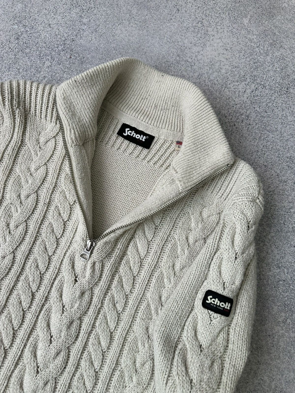 Schott × Vintage Vintage Schott Beige 1/4 Zip Knitted Sweater Size US L / EU 52-54 / 3 - 6 Thumbnail
