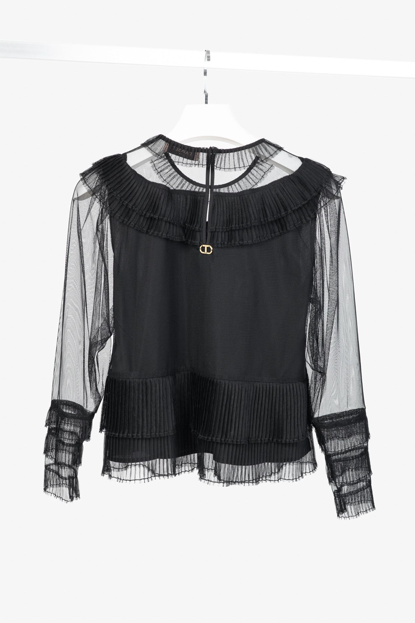TWINSET Twinset Black Pleated Flounce Tulle Blouse Size S / US 4 / IT 40 - 2 Thumbnail