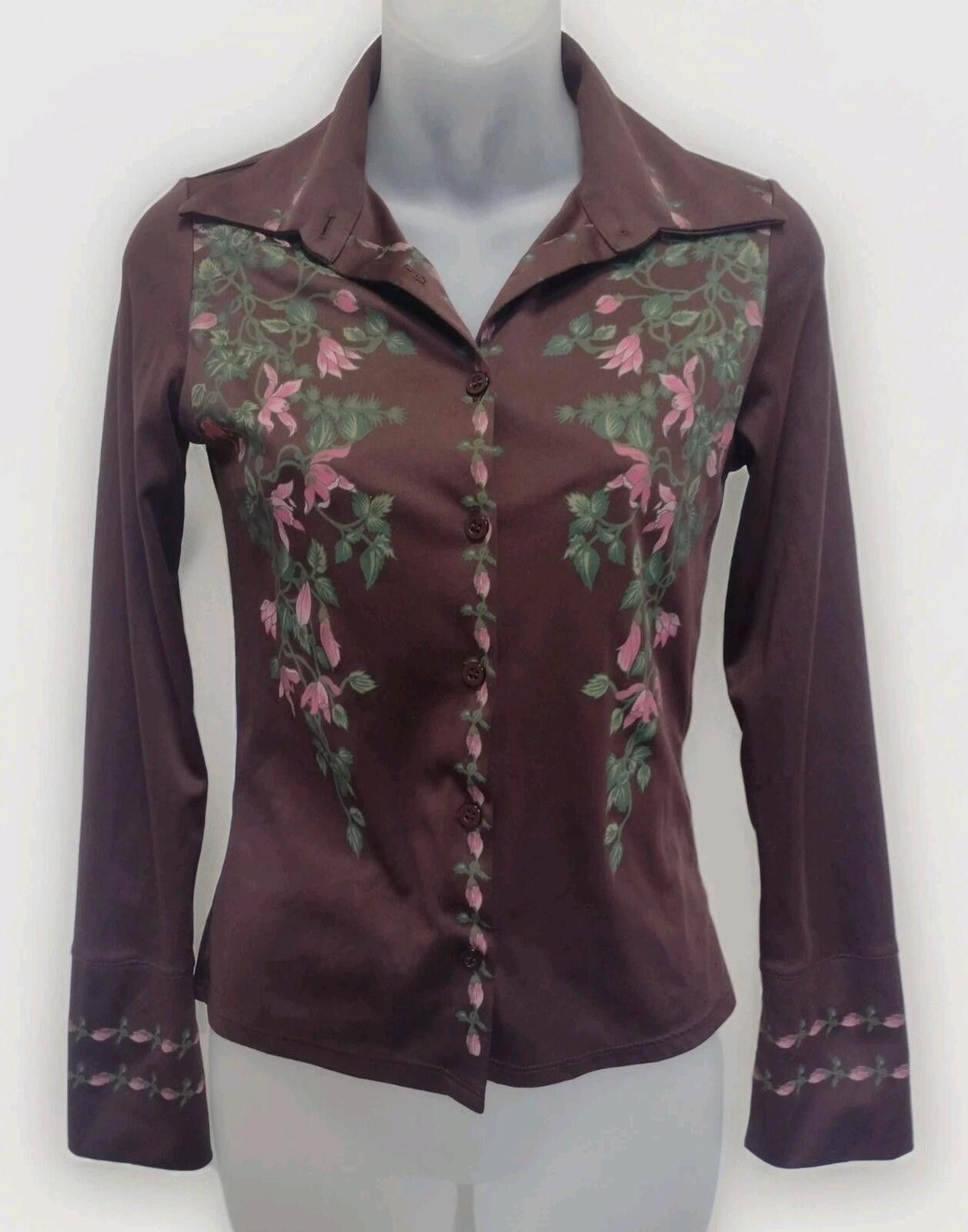 The Unbranded Brand 70s Brown Floral Print Button Up Blouse Long Sleeve Boho XS Size XS / US 0-2 / IT 36-38 - 1 Thumbnail