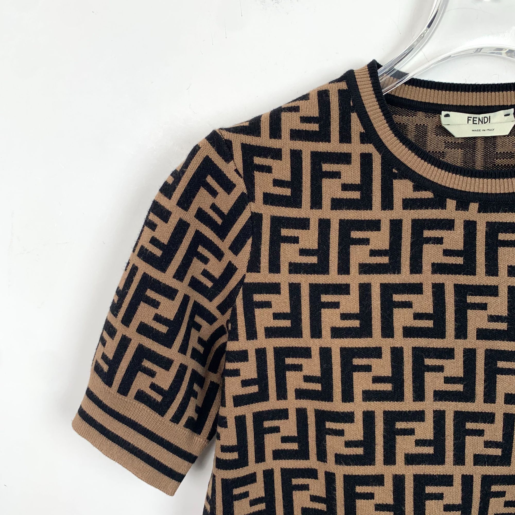 Fendi Fendi Womens FF Logo Short Sleeve Knit Top Brown & Black Size XS / US 0-2 / IT 36-38 - 3 Thumbnail