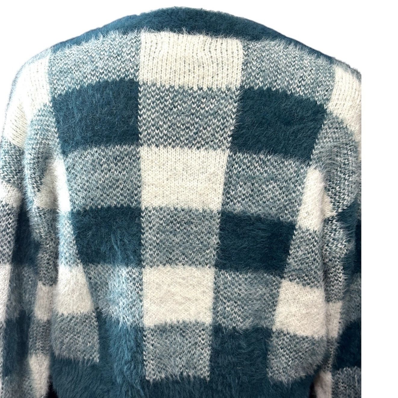 Other SO Crew Neck Drop Shoulder Fuzzy Green/Cream Plaid Sweater Size L / US 10 / IT 46 - 6 Thumbnail