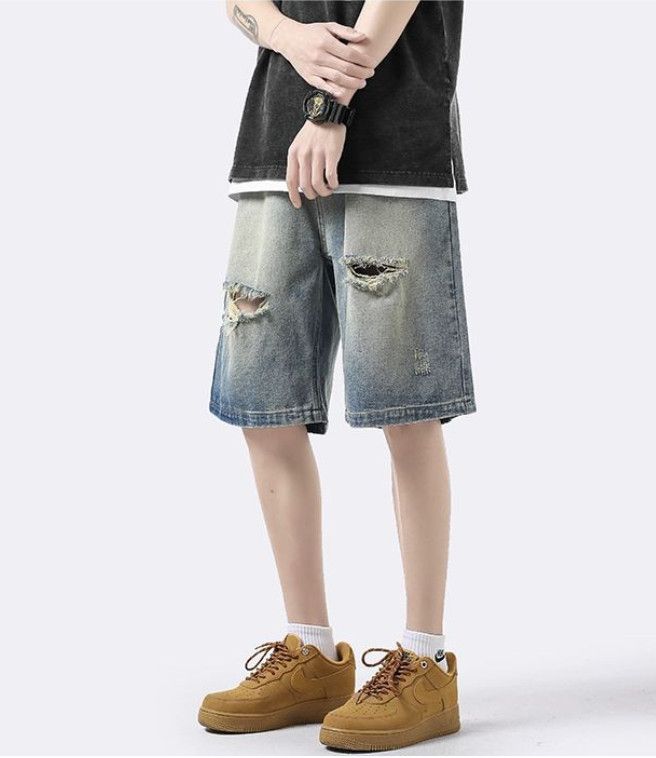 Japanese Brand Men's street distressed straight ripped denim shorts Size US 32 / EU 48 - 3 Thumbnail