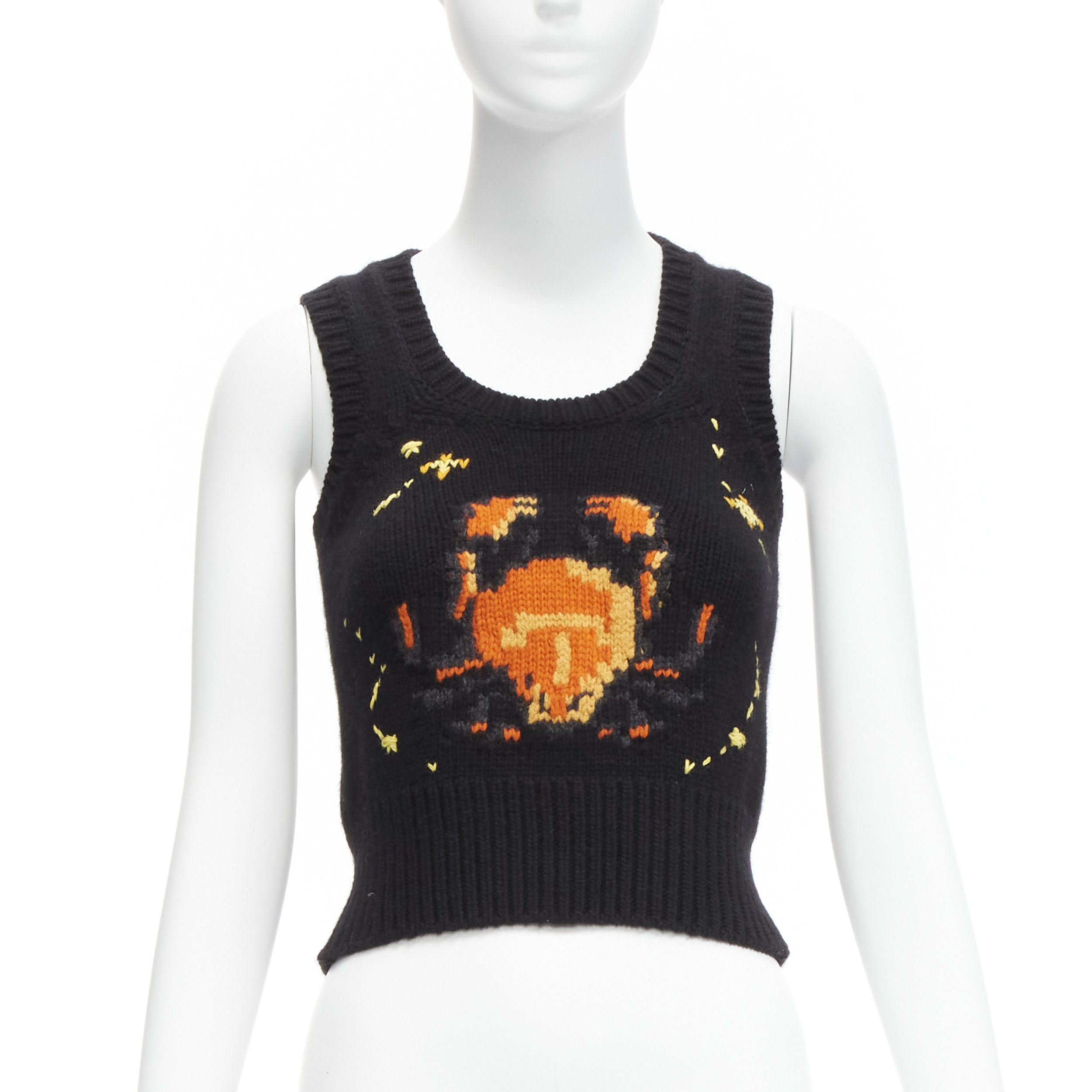 Dior CHRISTIAN DIOR 2022 Pixel Zodiac Cancer black wool cashmere intarsia cropped vest sweater FR34 XS Size XS / US 0-2 / IT 36-38 - 1 Thumbnail