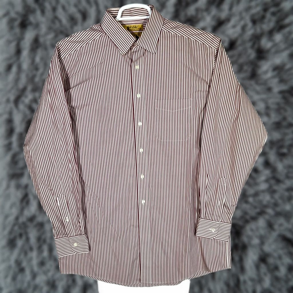 Vintage Gold Label Dress Shirt 15.5/35 Red Striped 100% Cotton Long Sleeve Men’s Shirt Casual Formal Mens Size 42R - 1 Thumbnail