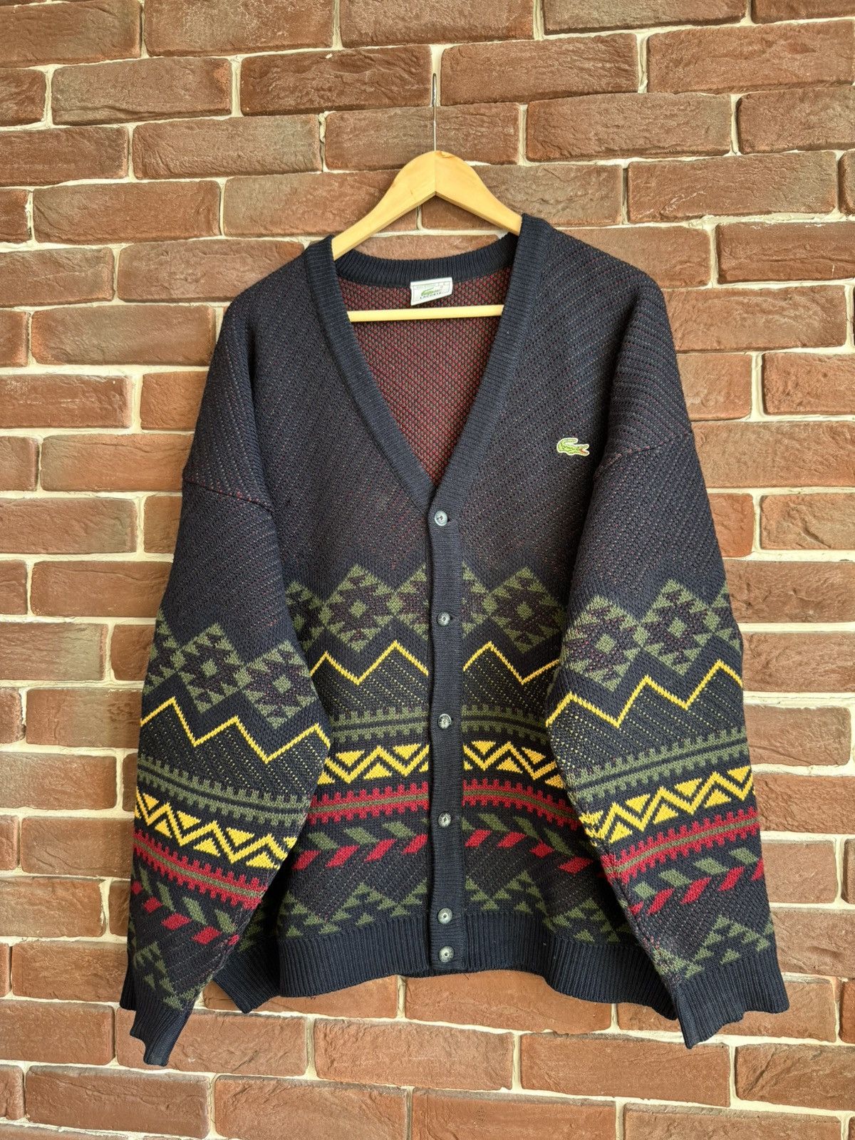 Lacoste Vintage 90s Lacoste Aztec Boxy Cardigan Sweater Navy XL Size US XL / EU 56 / 4 - 1 Thumbnail