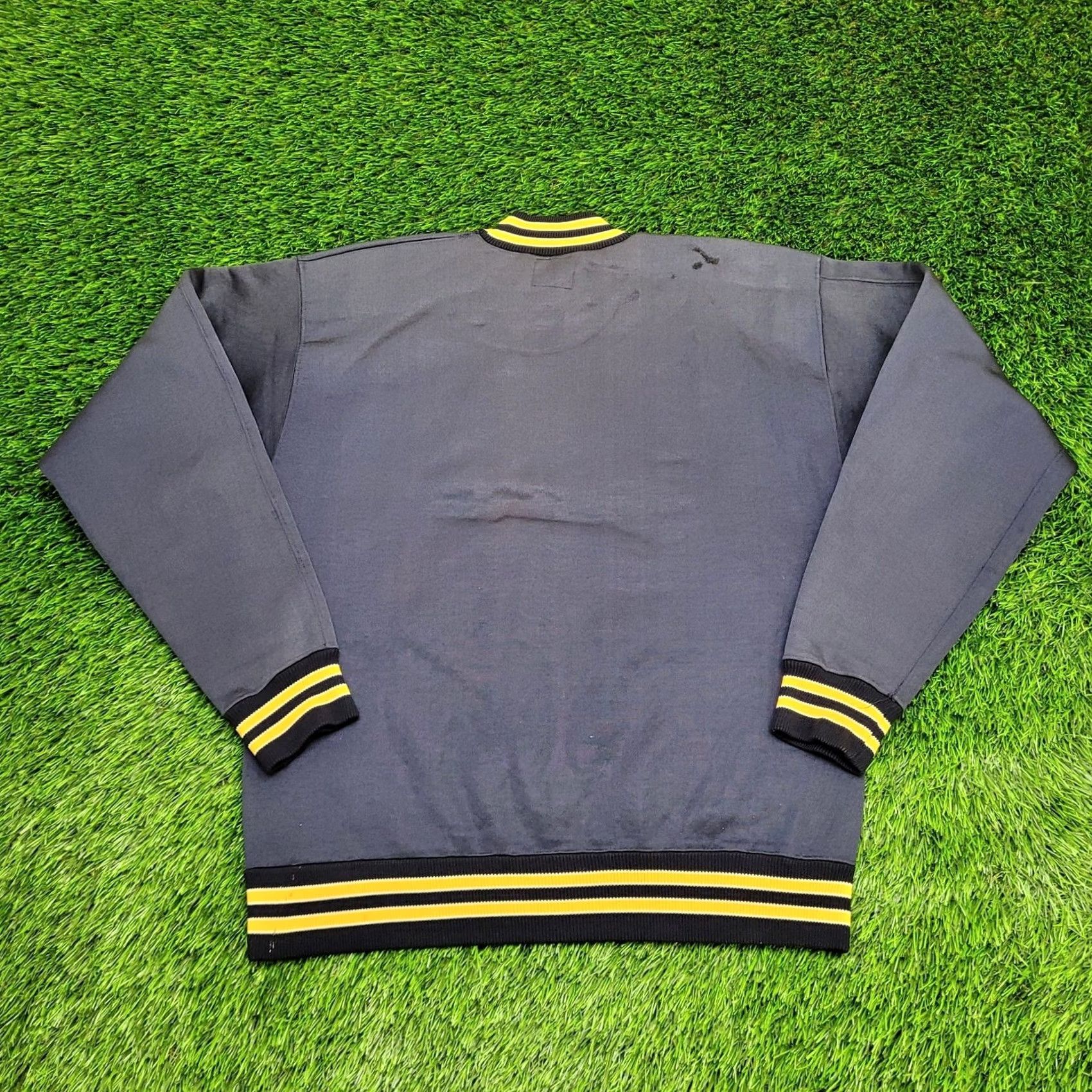 Champion VINTAGE Champion Sweatshirt M/L West-Point USA 70s 80s Military Crew Neck Pullover Navy Blue Yellow Trim Mens US Made Short Length Nylon Fleece Size US L / EU 52-54 / 3 - 6 Thumbnail