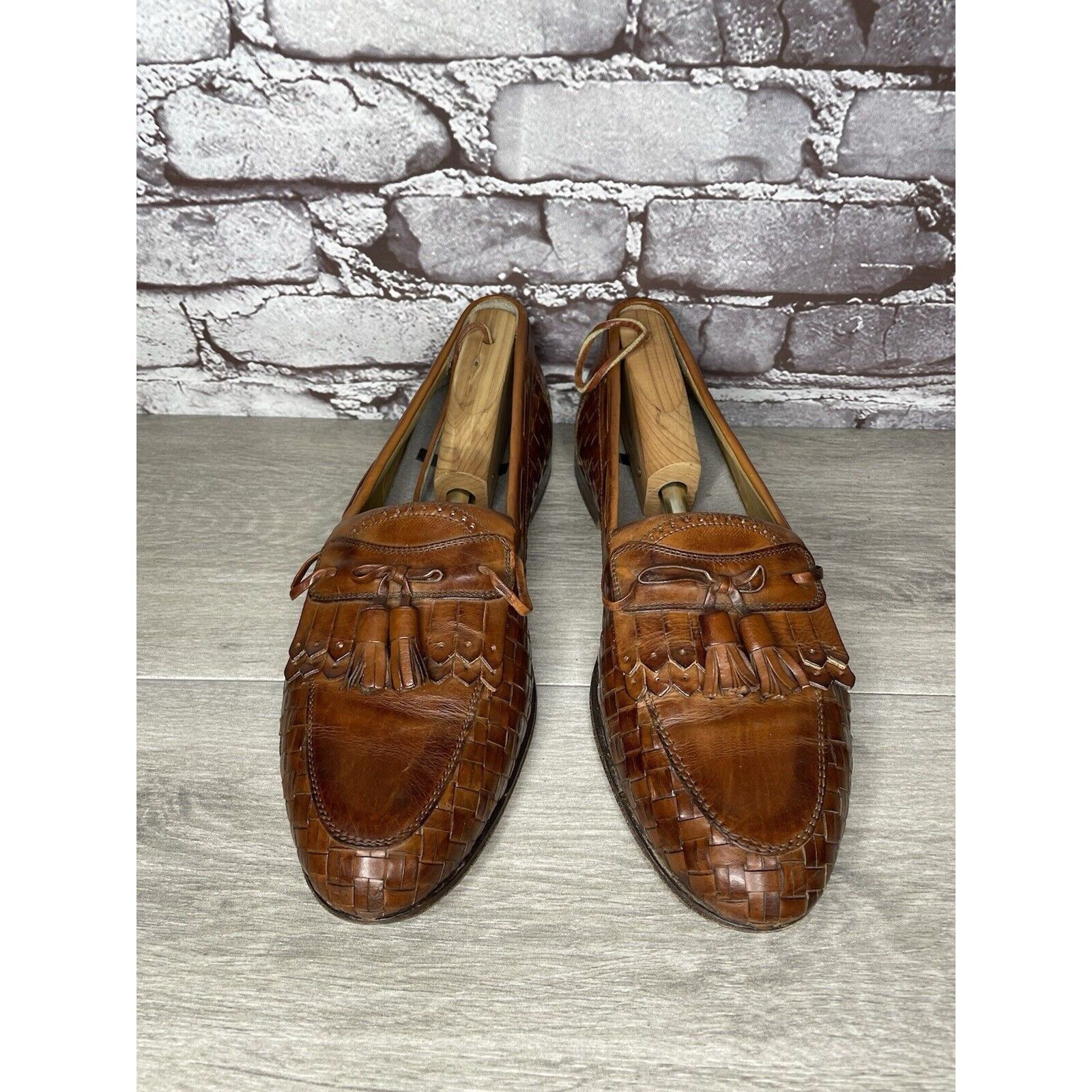 Johnston & Murphy Johnston & Murphy Brown Leather Woven Kiltie Tassel Loafers Size US 12 / EU 45 - 23 Thumbnail