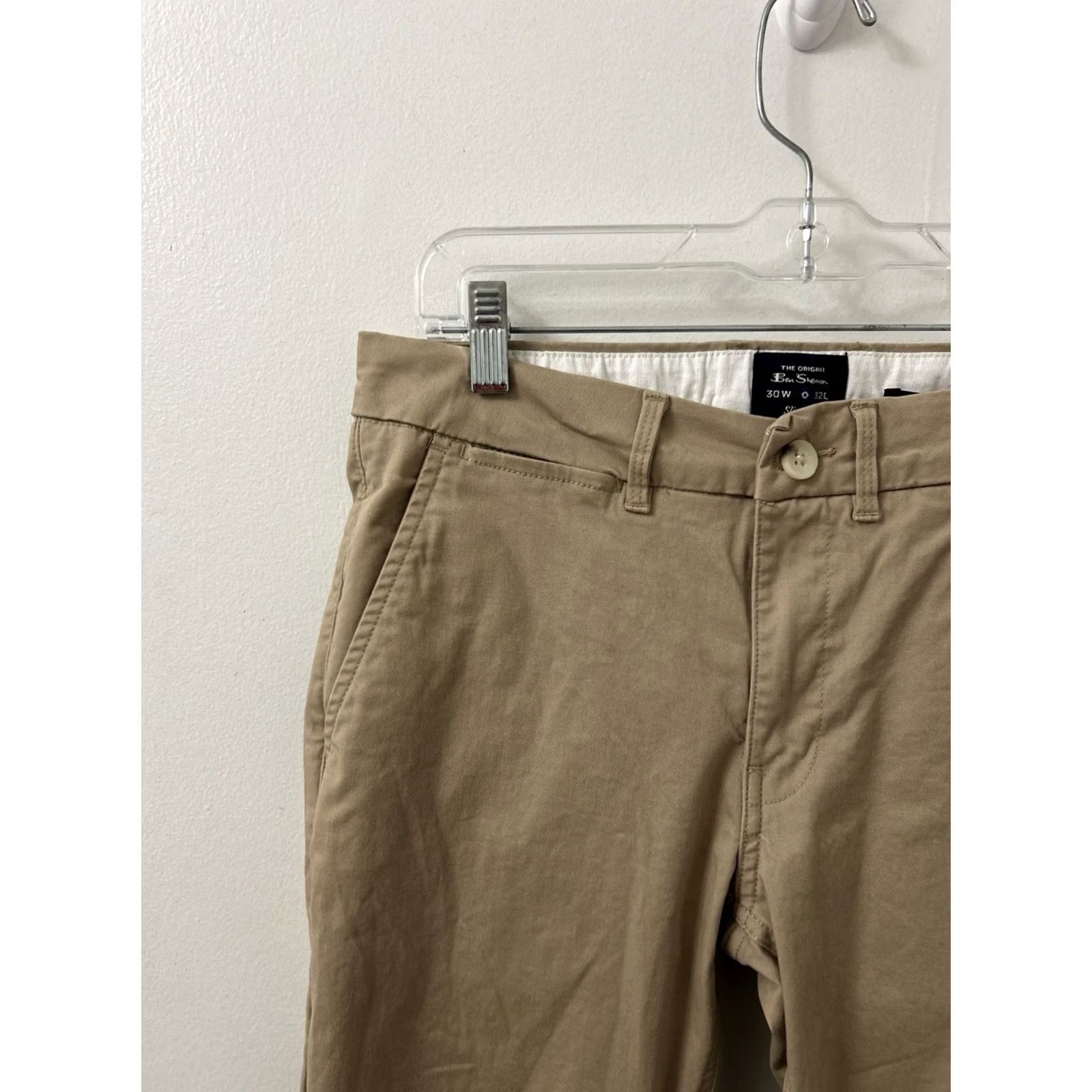Ben Sherman Ben Sherman Chino Pants Mens 30x32 Khaki Slim Fit Tan Cotton Spandex Tapered Flat Front Logo Zipper Pockets Casual Workwear Size US 30 / EU 46 - 4 Thumbnail