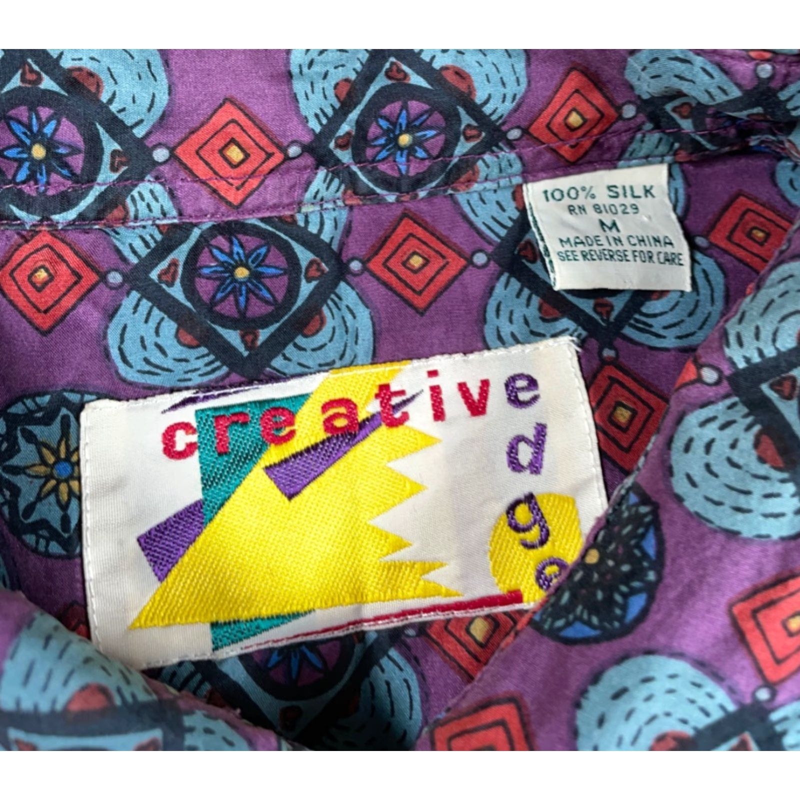 Vintage VINTAGE Creative Edge Silk Shirt Mens Medium Purple Blue Geometric Flower 90s Hippie Retro Button-Up Long Sleeve Collared Size US M / EU 48-50 / 2 - 3 Thumbnail