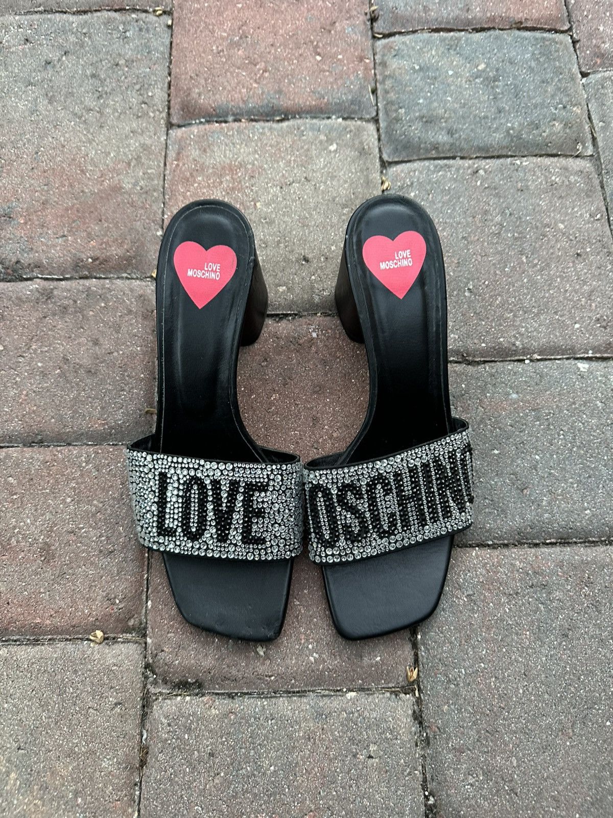 Love Moschino Love Moschino Rhinestone Black Leather Mules Size US 9 / IT 39 - 1 Thumbnail
