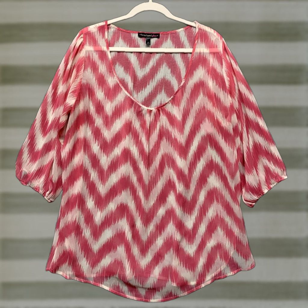 Vintage Heart Soul Shirt 1X Pink White Chevron Scoop Neck 3/4 Sleeves Semi-Sheer Blouse Tunic Womens Plus Vintage No Size XL / US 12-14 / IT 48-50 - 1 Thumbnail
