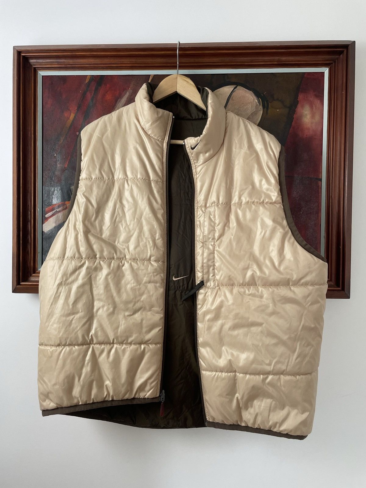 image of Nike Vintage 90's Down Vest Jacket Swoosh Brown Travis Beige in Beige Brown, Men's (Size Large)