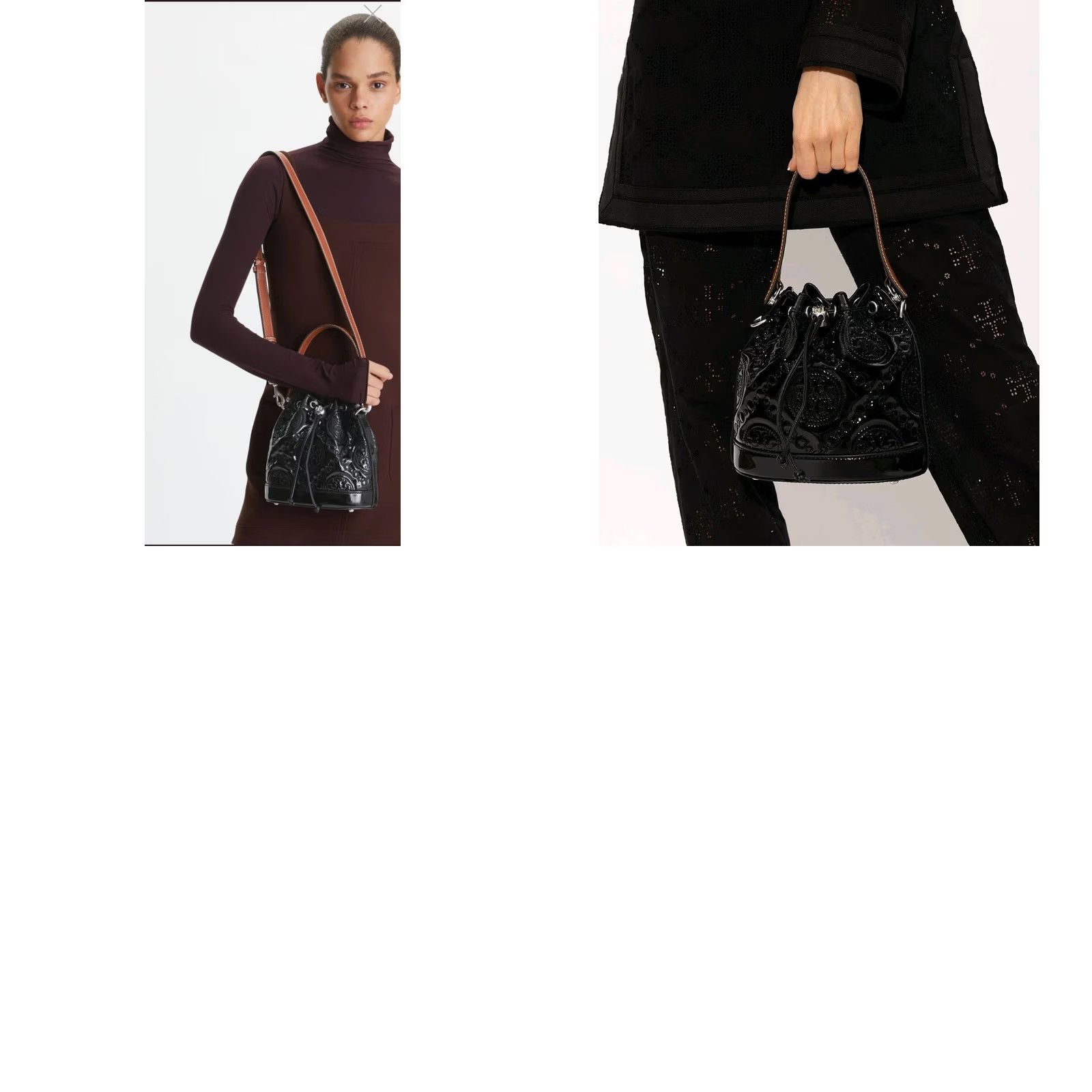 Tory Burch Tory Burch Bag Bucket Bag Crossbody Small Black Monogram Embroidered Patent Leather Size ONE SIZE - 9 Thumbnail