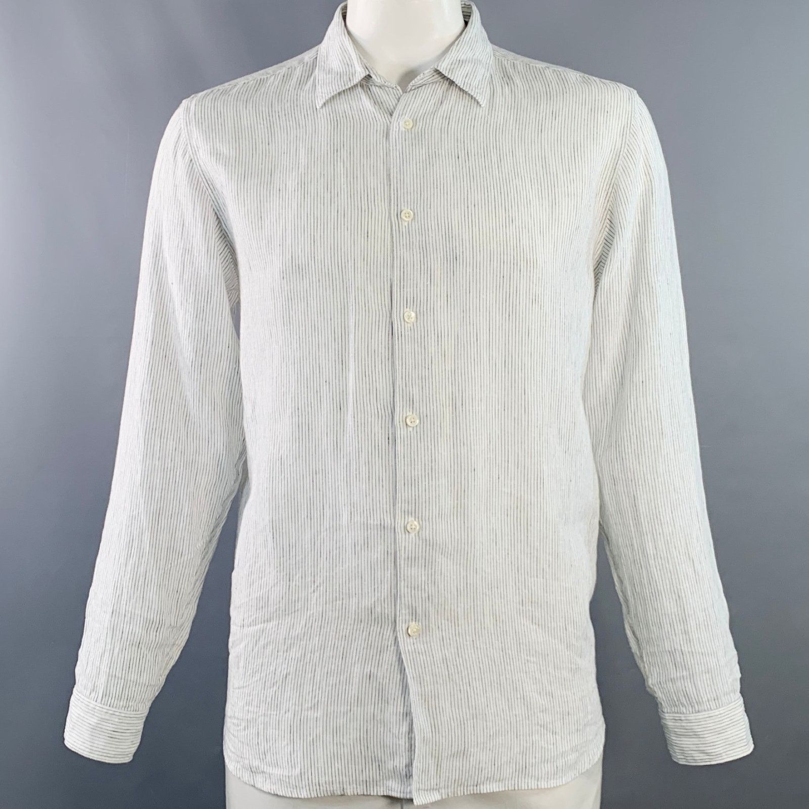 Size L Irving White Navy Pinstripe Linen Long Sleeve Shirt