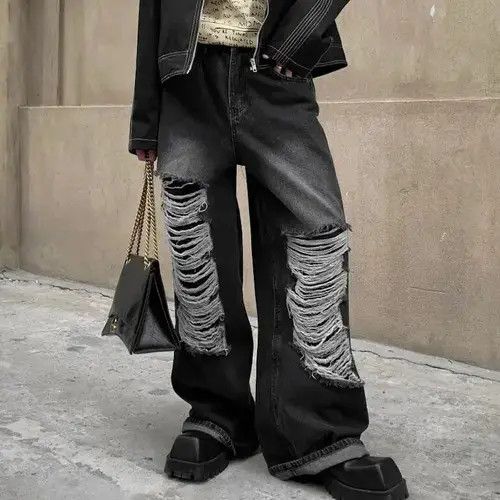Jean × Vintage Baggy distressed ripped wide leg y2k jeans Size US 32 / EU 48 - 1 Thumbnail