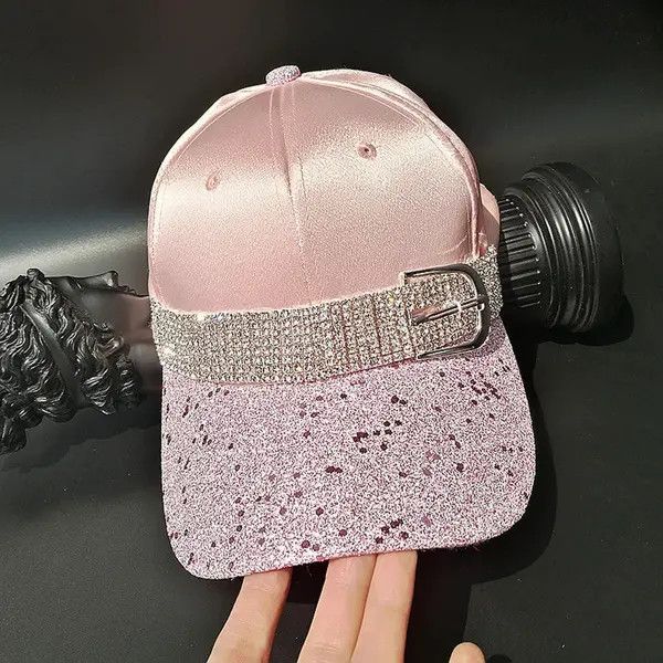 Jewelry Pink Satin Glitter Baseball Cap with Rhinestone Belt Size ONE SIZE - 2 Thumbnail