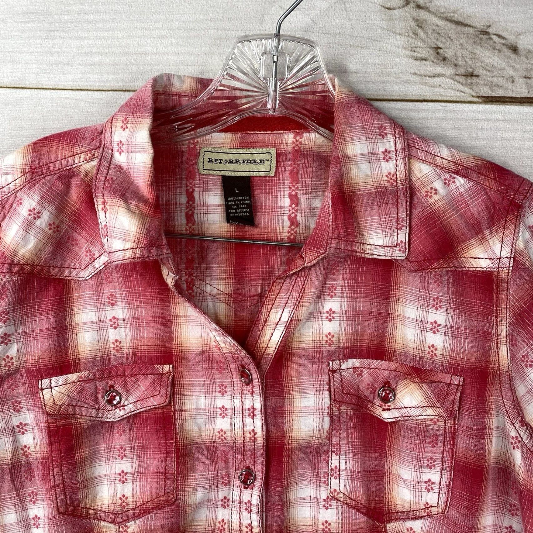 Pinko Bit & Bridle Pink Plaid Shirt Womens L Western Button Up Embroidered Pockets Nicely 100% Cotton Size L / US 10 / IT 46 - 2 Thumbnail