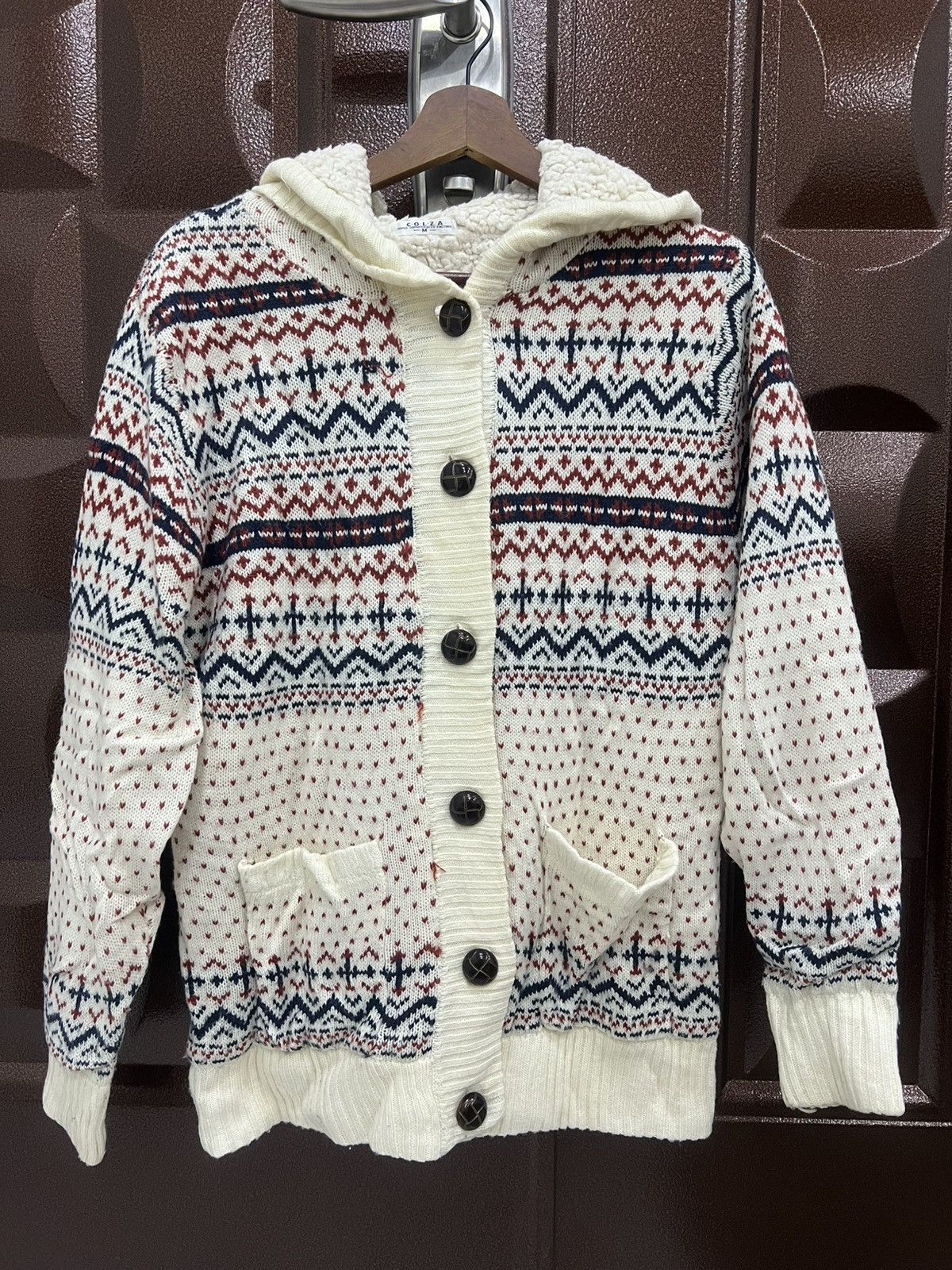 Japanese Brand COLZA Fair Isle Nordic Snowflake Button Up Sweater with Hood Size US M / EU 48-50 / 2 - 2 Thumbnail