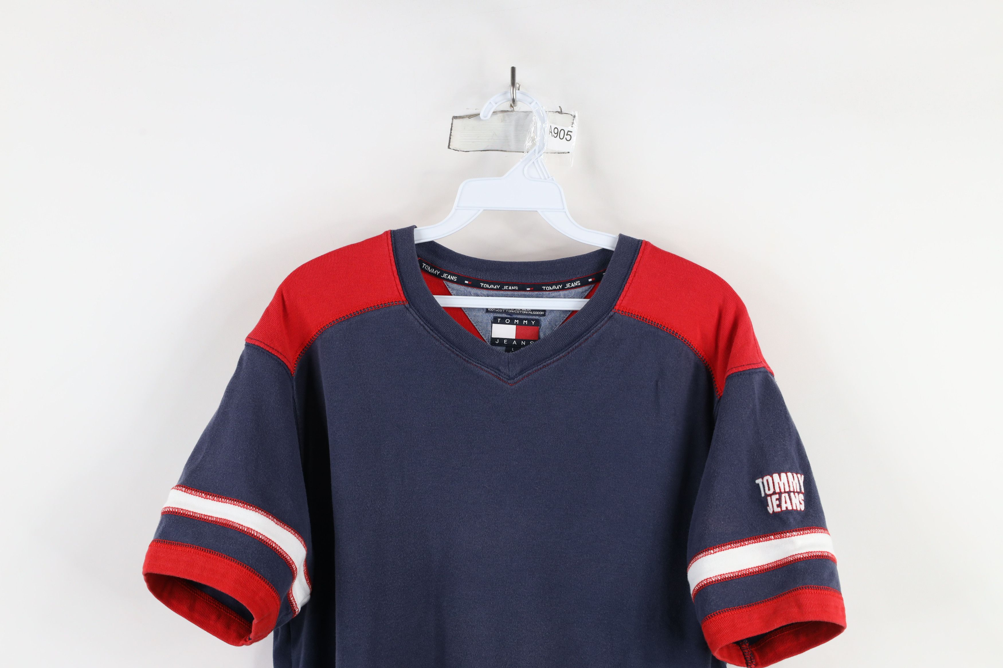Tommy Hilfiger × Vintage Vintage 90s Tommy Hilfiger Spell Out Striped V-Neck T-Shirt Size US L / EU 52-54 / 3 - 2 Thumbnail