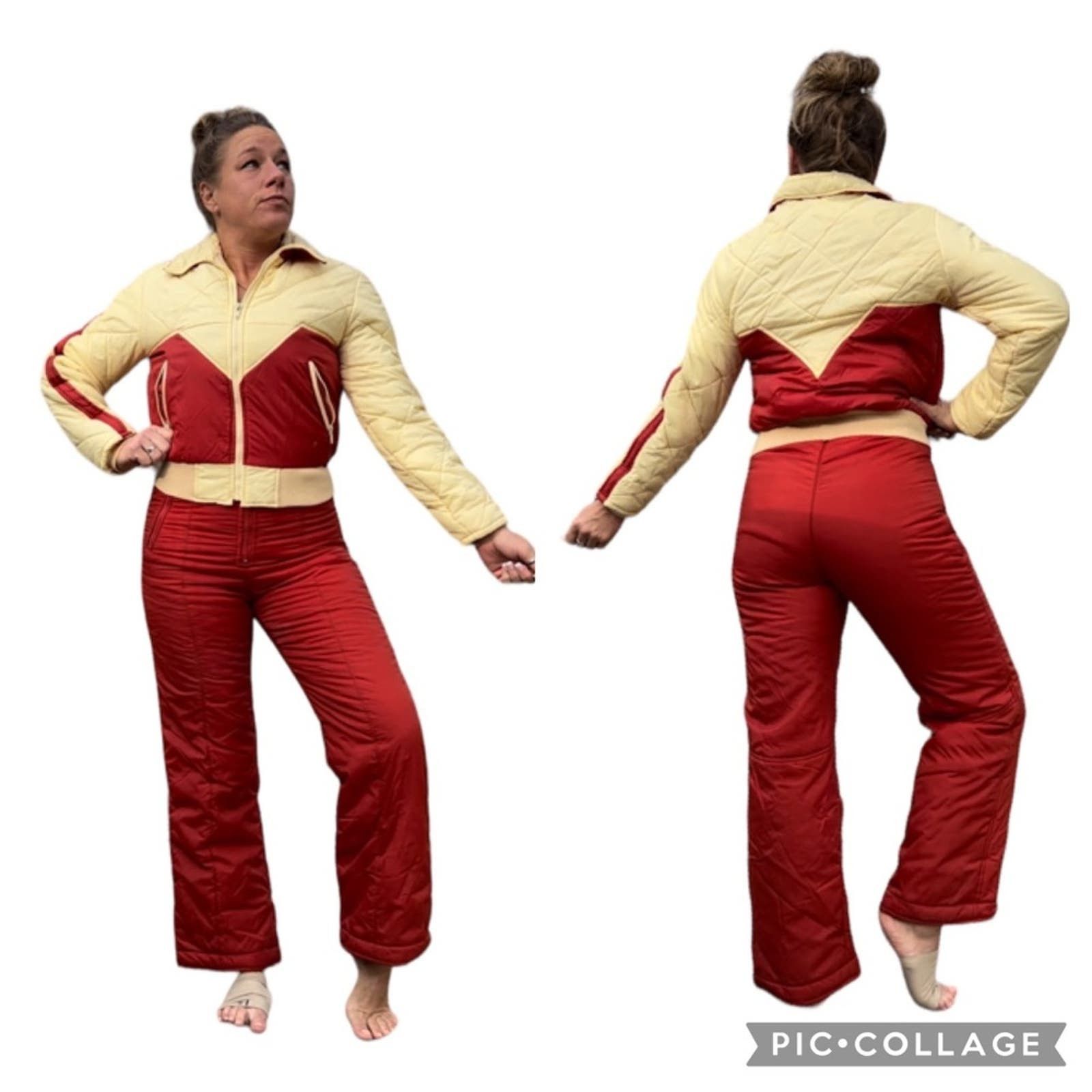 image of J C Penney 70's Jcpenney Rust Yellow Ski Bibs Overalls & Coat Jacket Set in Orange, Women's (Size S