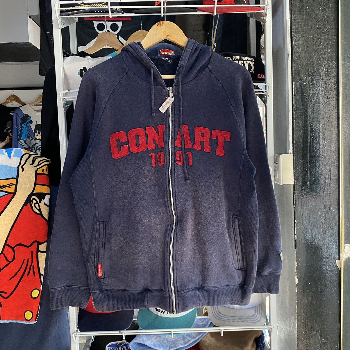 image of Vintage Conart Hip-Hop Hoodie Distressed in Navy Blue, Men's (Size Medium)