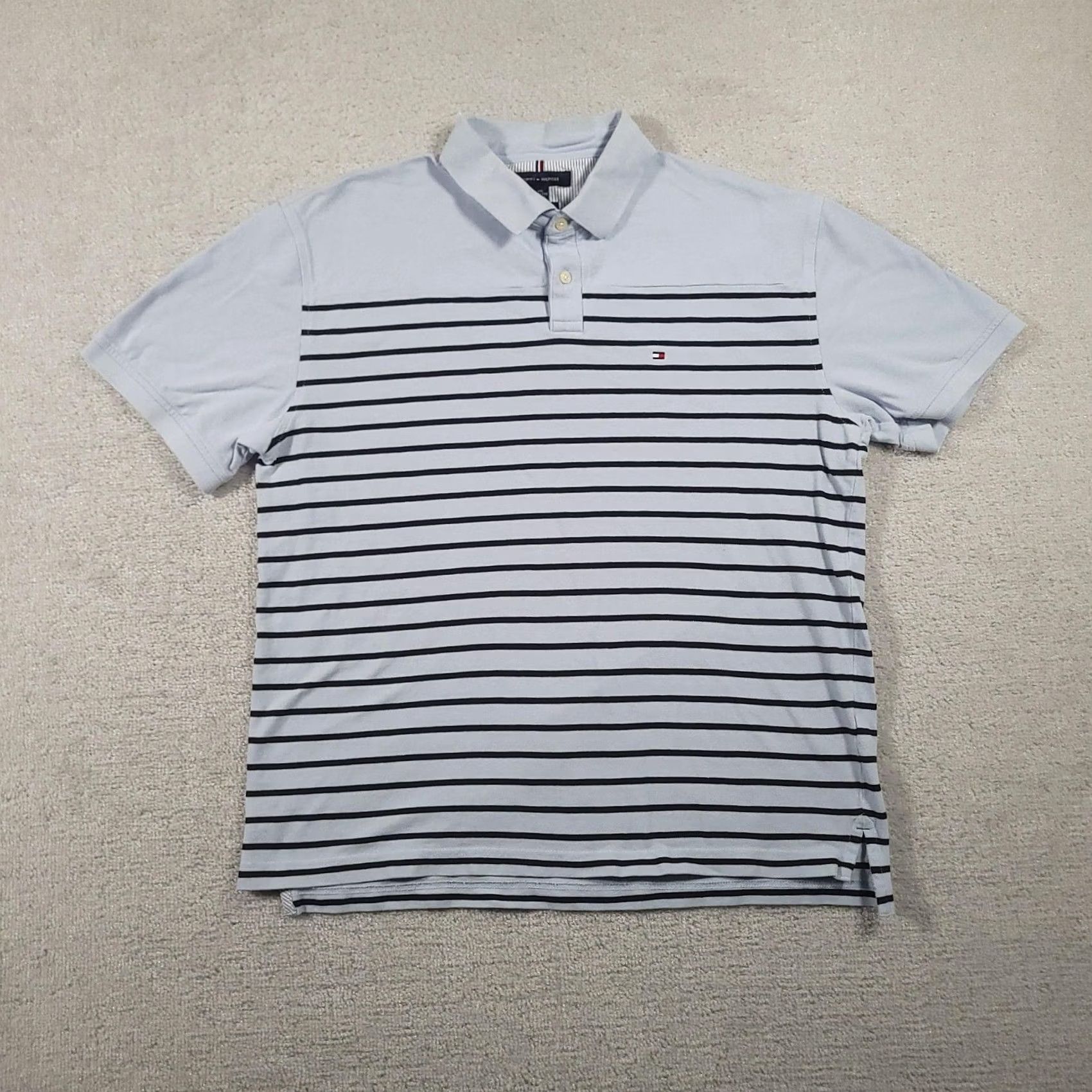 Tommy Hilfiger Tommy Hilfiger Polo Shirt Mens 2XL Light Blue Navy Striped Regular Fit Pique Size US XXL / EU 58 / 5 - 2 Thumbnail