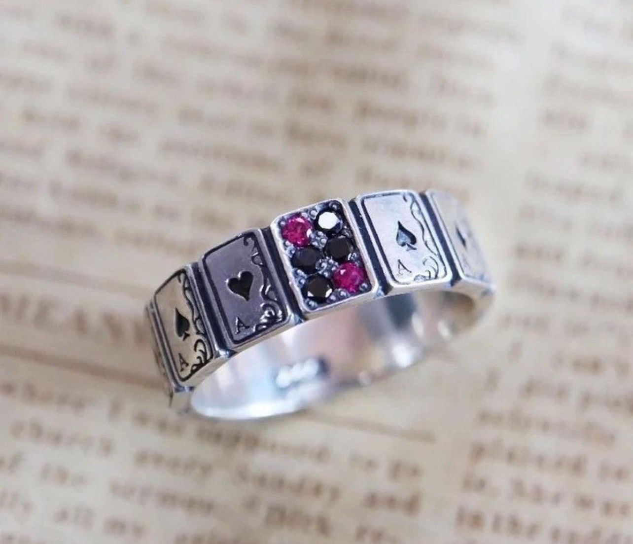 Jewelry × Vintage Ace Card Playing Poker Player Spades Hearts Ring Size ONE SIZE - 1 Thumbnail