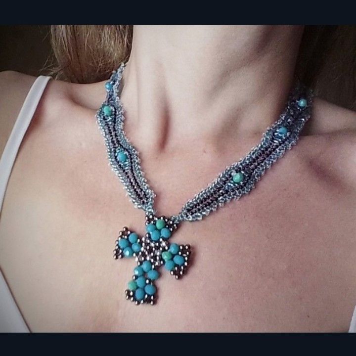 Handmade Necklace Pendant Cross Beaded Crystals Black Turquoise Size ONE SIZE - 4 Thumbnail